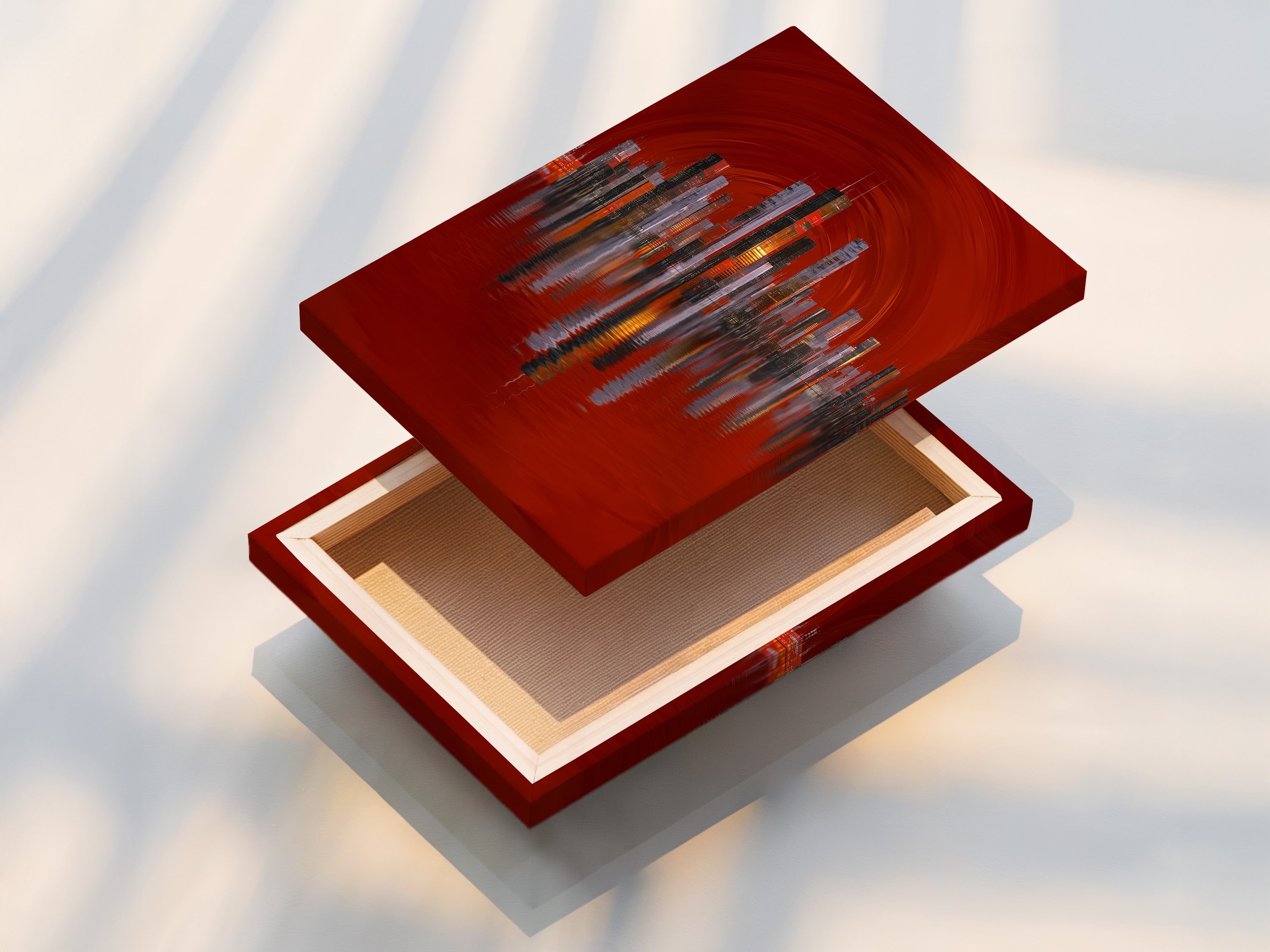 A stretched canvas print showcases a vibrant city skyline artwork. The red abstract urban art brings a modern touch. Perfect as cityscape wall art in any contemporary setting. Ideal architectural artwork for home or office.