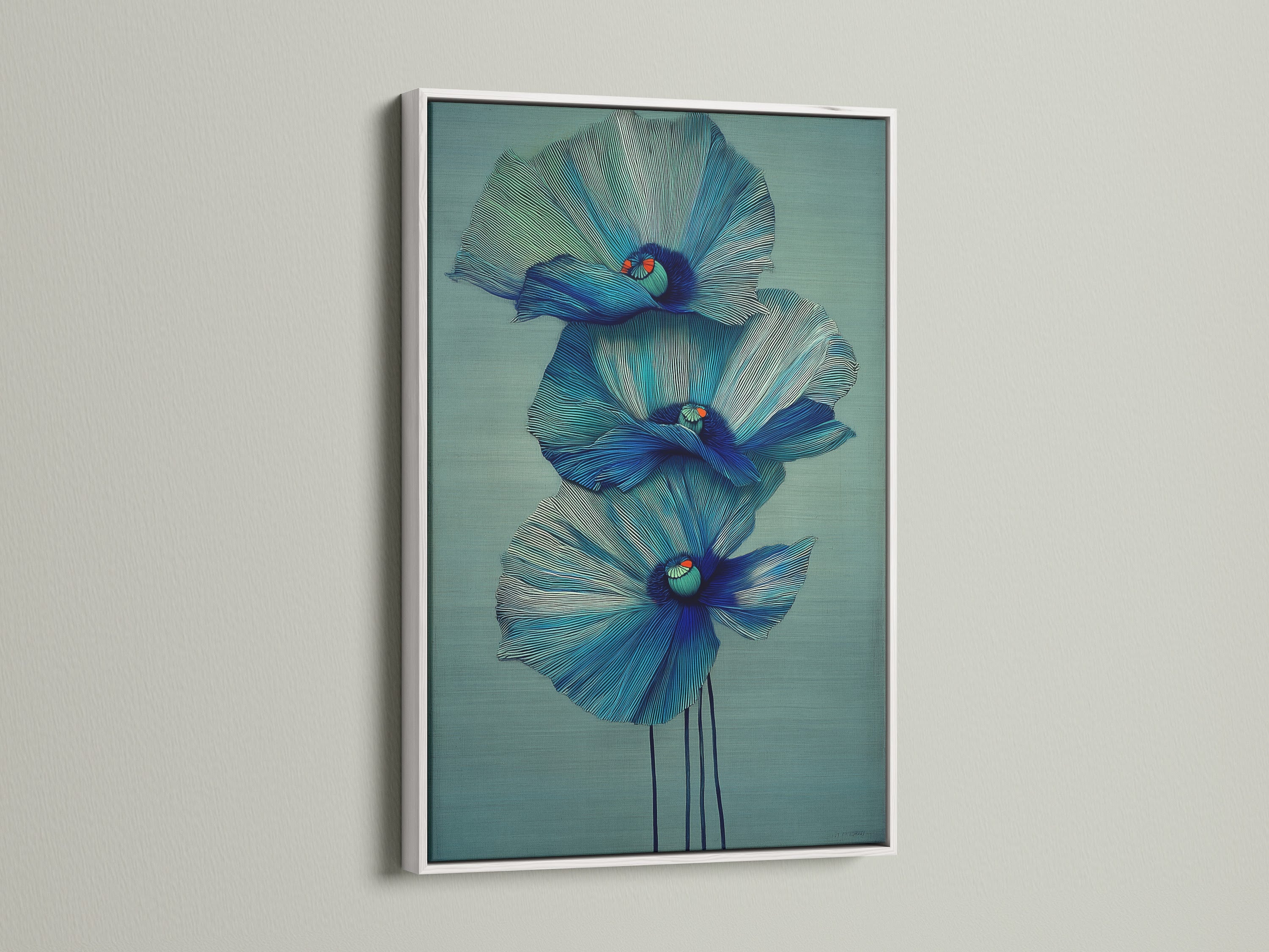 The blue floral canvas art is presented in a white frame. This modern art print adds a fresh touch to any space. Shop our collection of blue botanical artwork. Transform your living room with stylish wall art today.