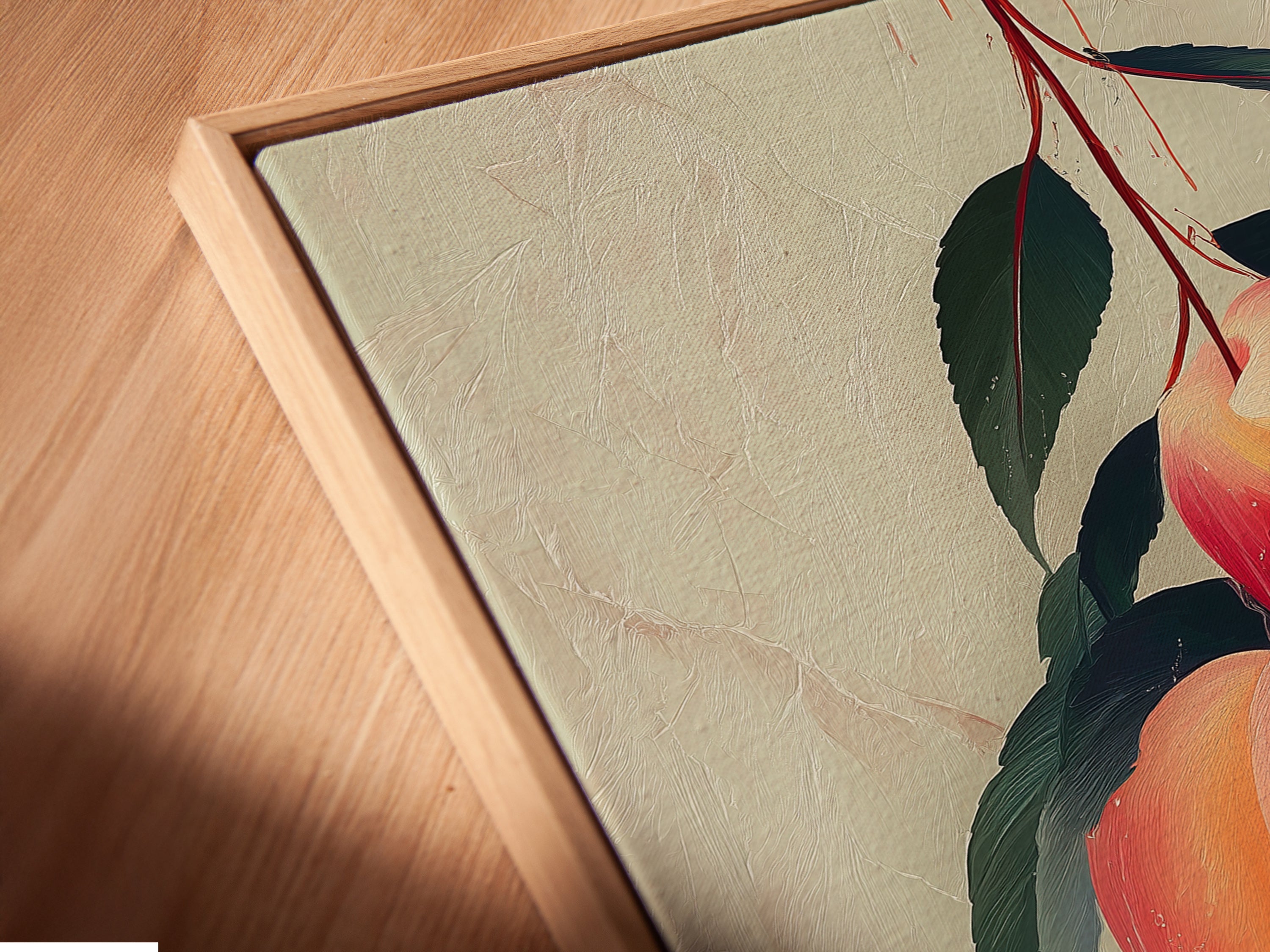 See a close-up of a canvas print in a floating frame. This peach fruit botanical wall art offers a modern look. Ideal for enhancing kitchen decor and farmhouse style. The floating frame gives the artwork depth. It adds a sophisticated touch to your decor.
