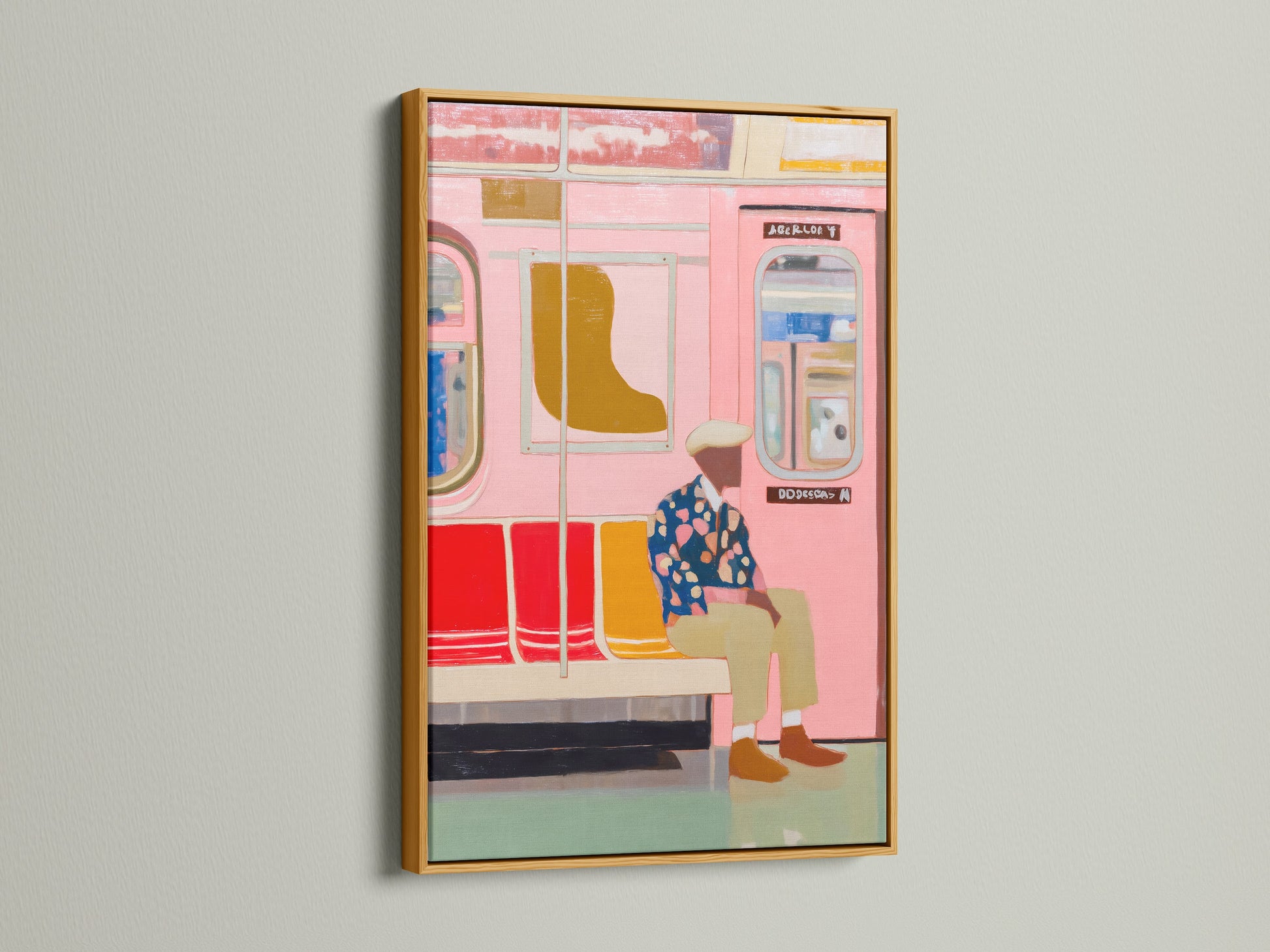Pink Subway Art Print in a gold frame. This art adds a modern touch to your walls. The contemporary city life poster is perfect for apartment decor. The artwork is great for living rooms apartments offices studios lobbies clinics cafés and co-working spaces. It complements minimalist urban or modern styles.
