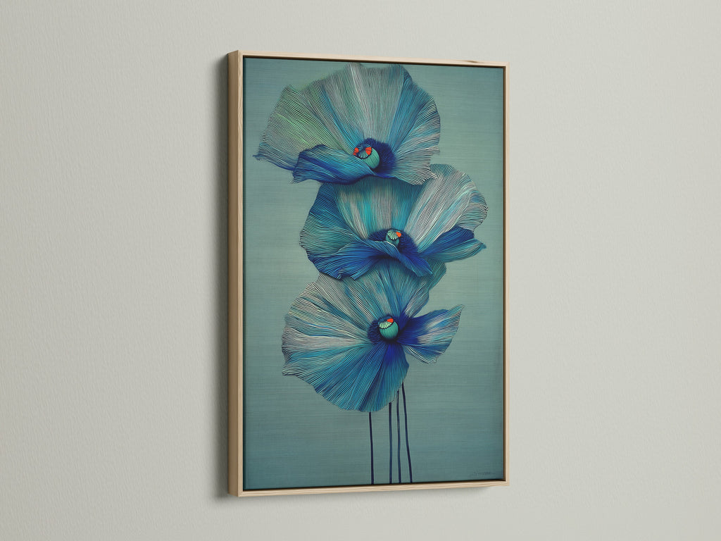 This oak frame beautifully complements the blue floral canvas print. Its natural tone enhances the modern botanical wall art. Ideal for adding a touch of warmth to your teal flower artwork in the bedroom. Elevate your wall decor today