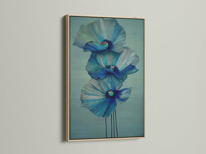 This oak frame beautifully complements the blue floral canvas print. Its natural tone enhances the modern botanical wall art. Ideal for adding a touch of warmth to your teal flower artwork in the bedroom. Elevate your wall decor today