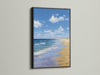 Artwork in a black frame. The artwork depicts a beach scene. The art is hanging on a white wall. The black frame provides a bold contrast. This artwork adds a stylish touch to any room.