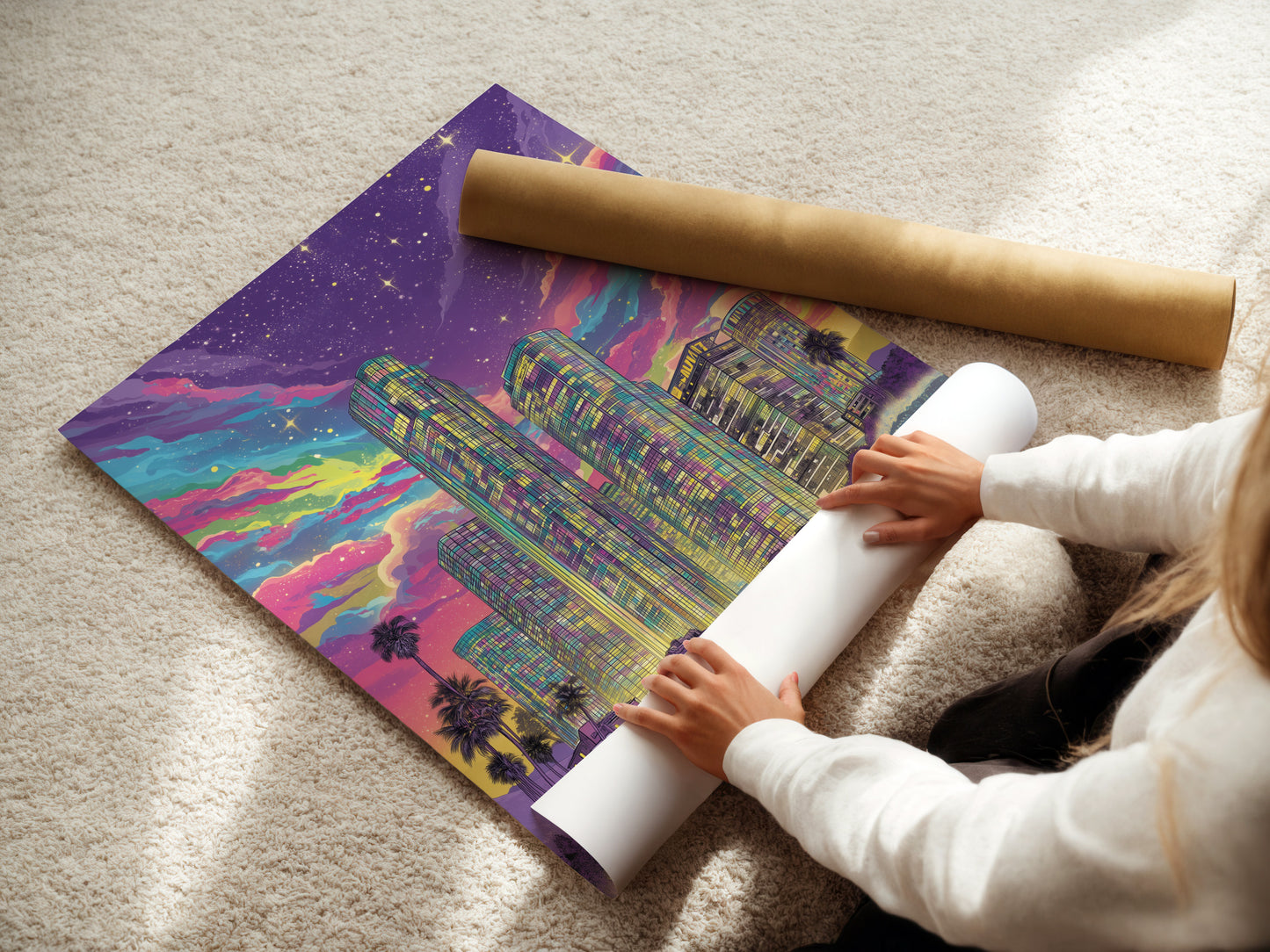 A woman rolls a fine art poster paper. This synthwave cityscape artwork will be printed on it. The poster paper captures the neon purple skyline beautifully. Get your retro futuristic ocean wave art today. It is perfect for any space.