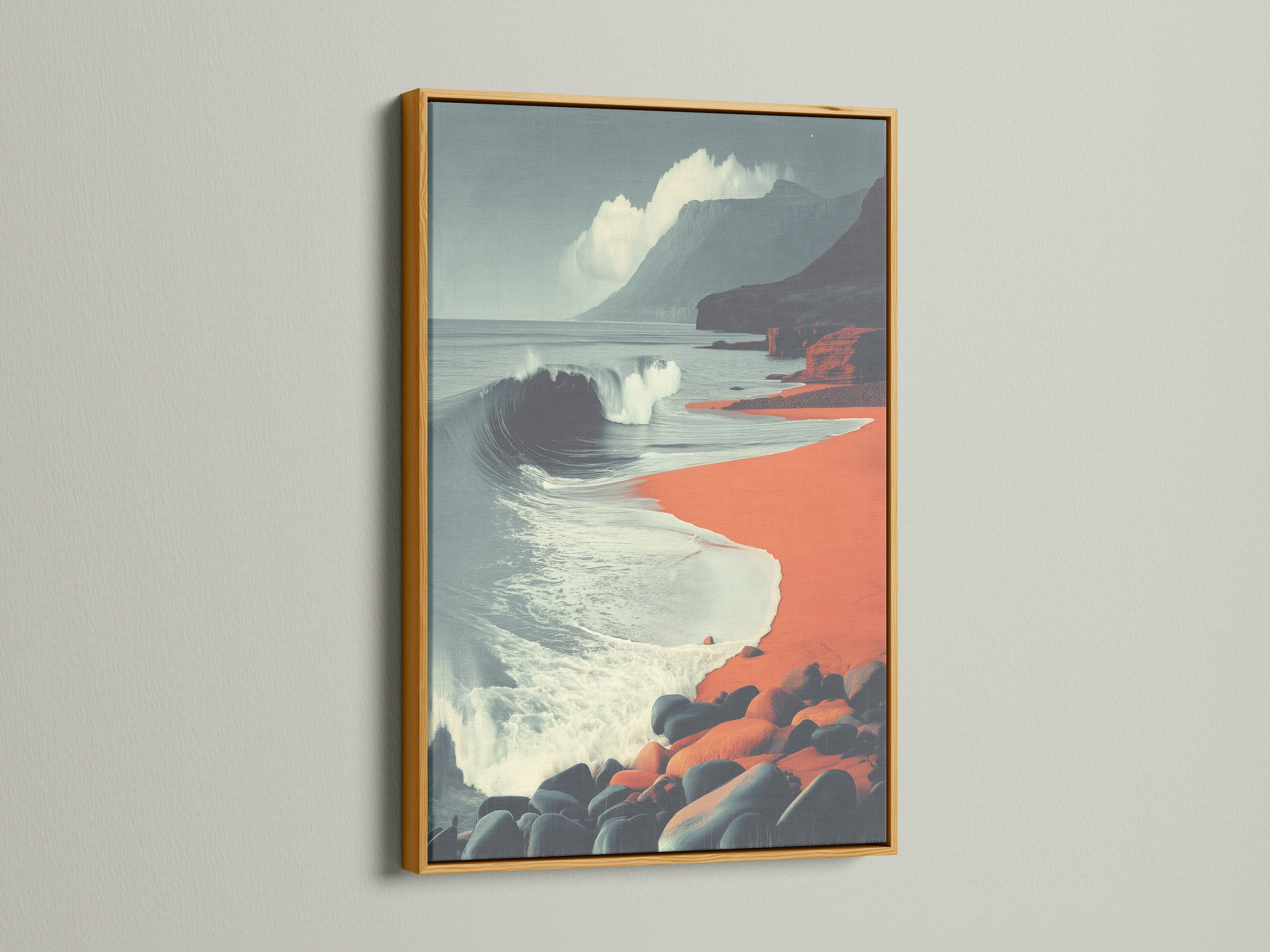 The Coastal Wave artwork is presented in a gold frame. The metallic finish adds a touch of elegance to the seascape print. Fits perfectly with eclectic decor. This beach wall decor brings sophistication to any space.