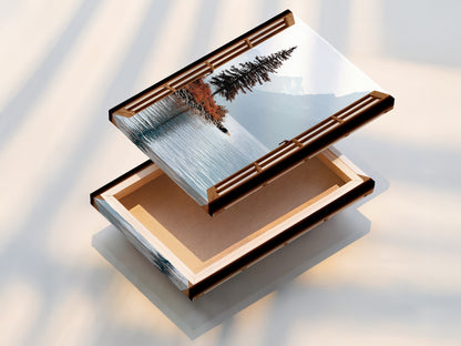 This is a stretched canvas print of the mountain lake artwork. The nature view poster is ready to hang. The serene landscape artwork provides an immersive experience. The high-quality canvas enhances the artwork's visual appeal.