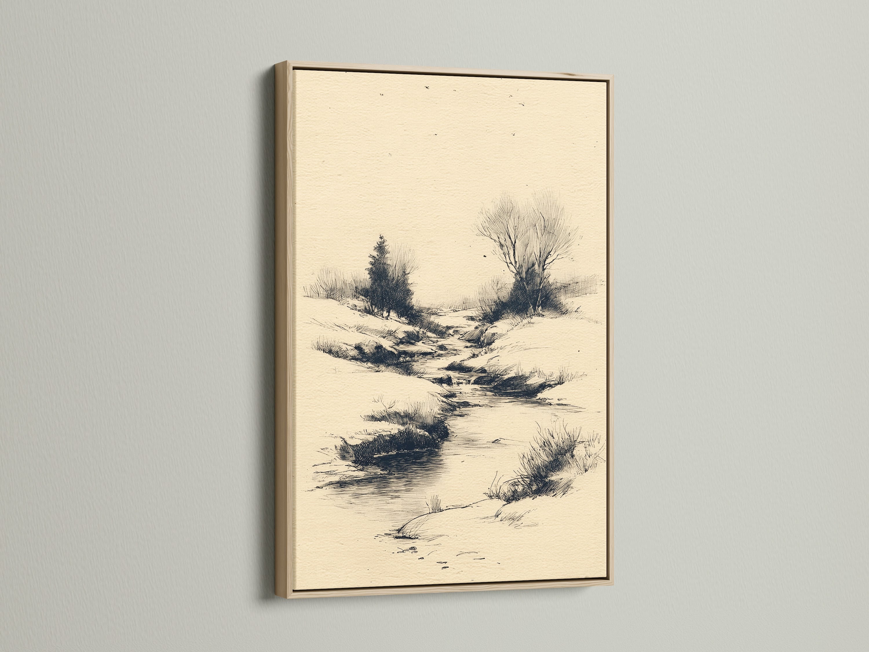 Artwork with an oak frame hangs on a wall. The oak frame enhances the artwork. Oak frames bring warmth to any room. Find the ideal frame to showcase your art. Elevate your art with a beautiful frame.