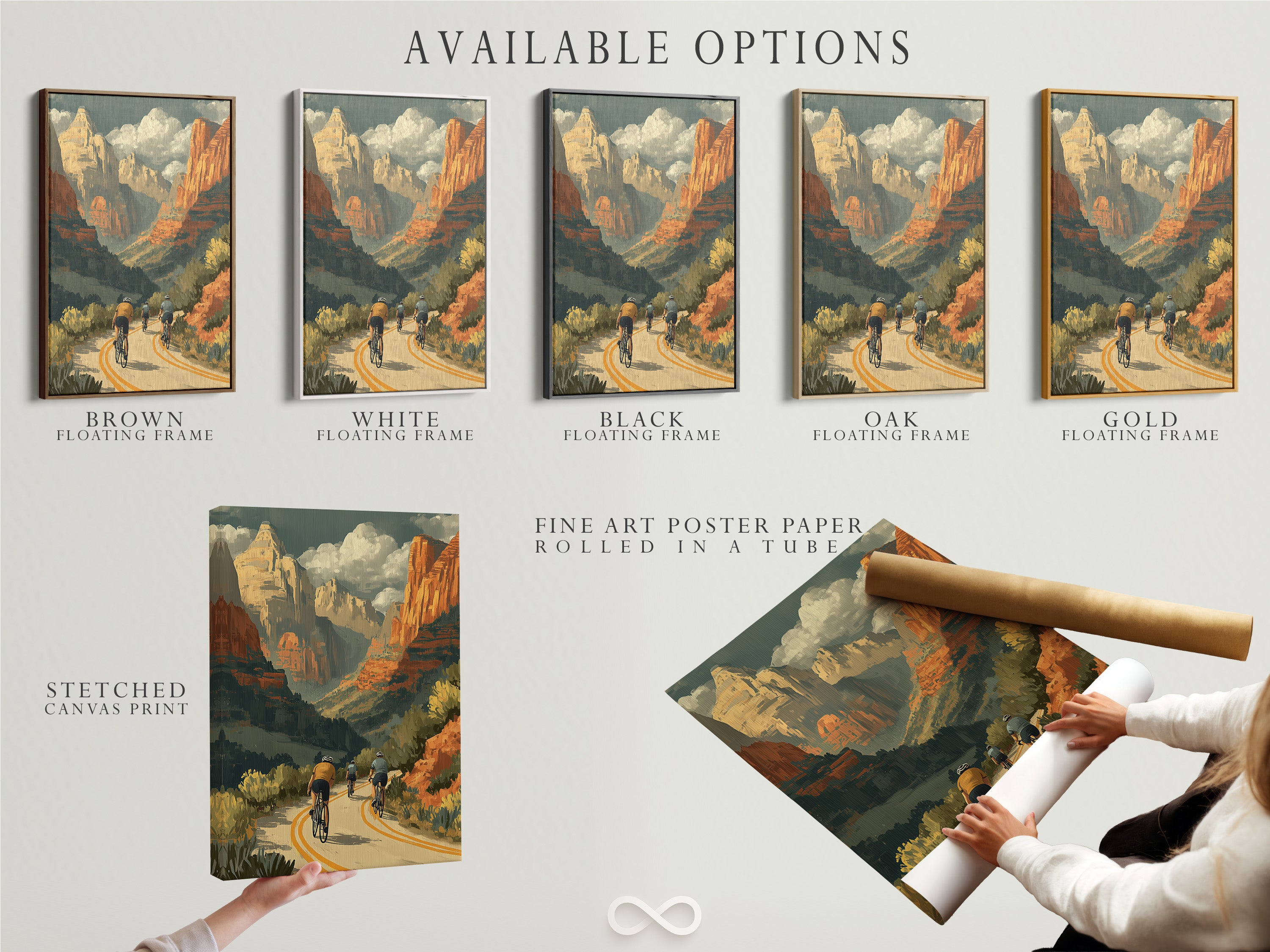 Explore the available options for this cycling wall art. Choose from a stretched canvas print a fine art poster paper or a floating frame. The desert canyon artwork can be customized to your preferences. The retro travel print offers versatility for any decor style. Create your perfect piece of Southwestern art today.
