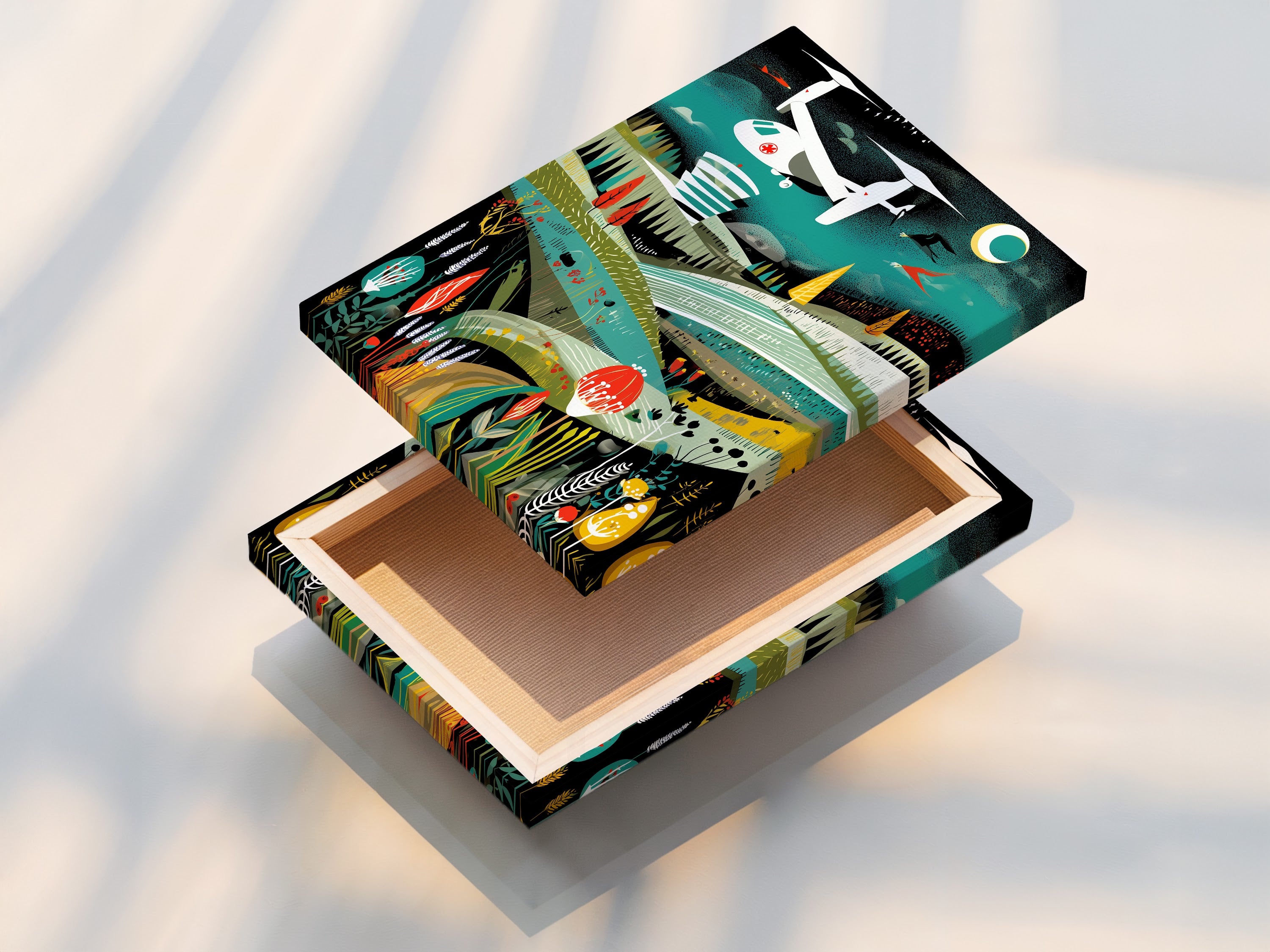 A stretched canvas print of the Rescue Helicopter artwork. The aviation print is ready to hang. This retro wall art brings a touch of mid-century modern style to your living room or office. Display your aircraft artwork today.