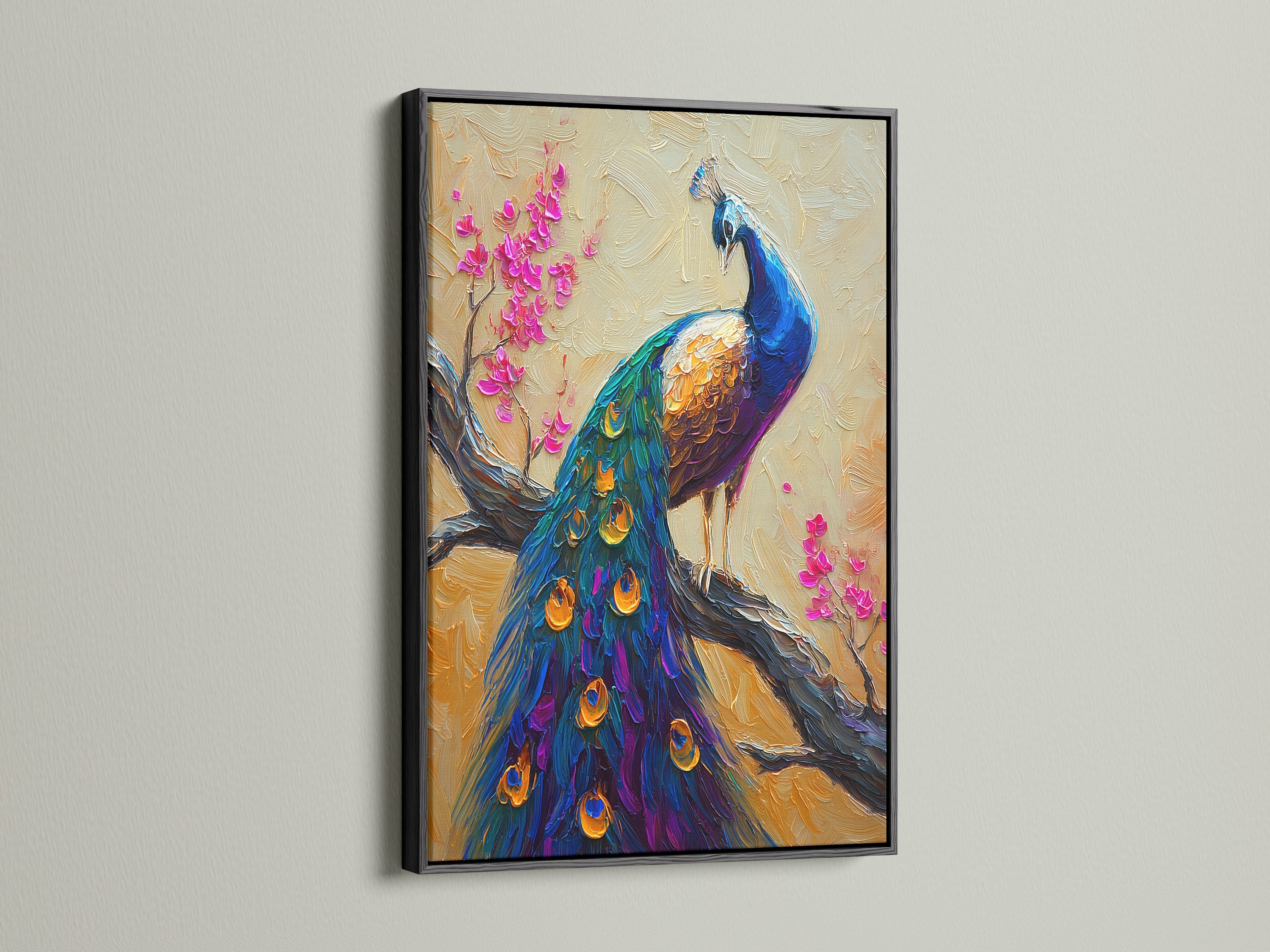 Vibrant Peacock Oil Painting - Colorful Bird Art, Floral Branch Canvas Wall Decor, Nature Inspired Home Art, Living Room Artwork