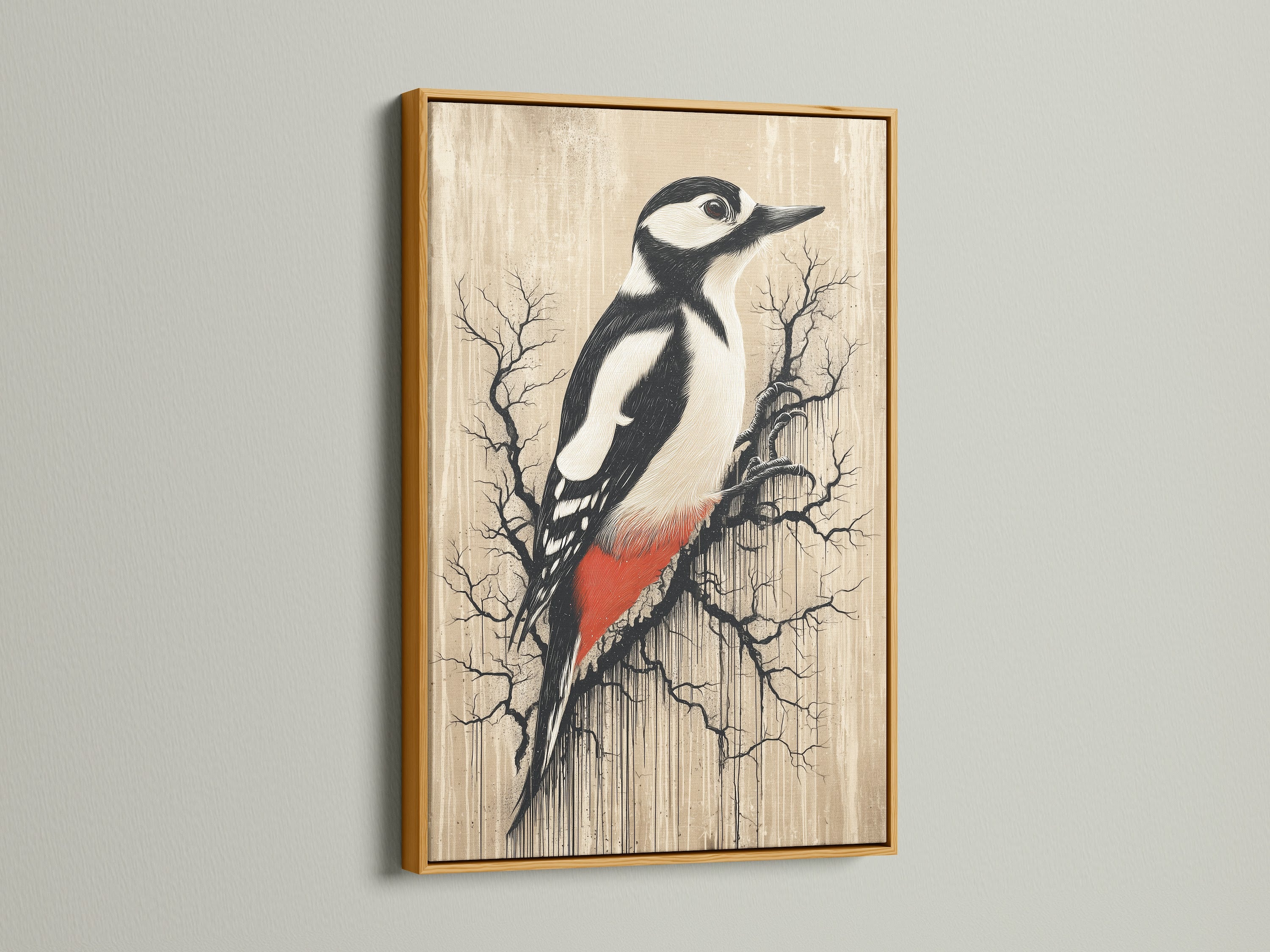 Woodpecker art in a gold frame offering a touch of elegance. Vintage bird wall art for a sophisticated look. Neutral tone artwork perfect for a study room. Ornithology print that makes a great gift. The gold frame enhances minimalist Scandinavian farmhouse or eclectic styles. Ideal for any room