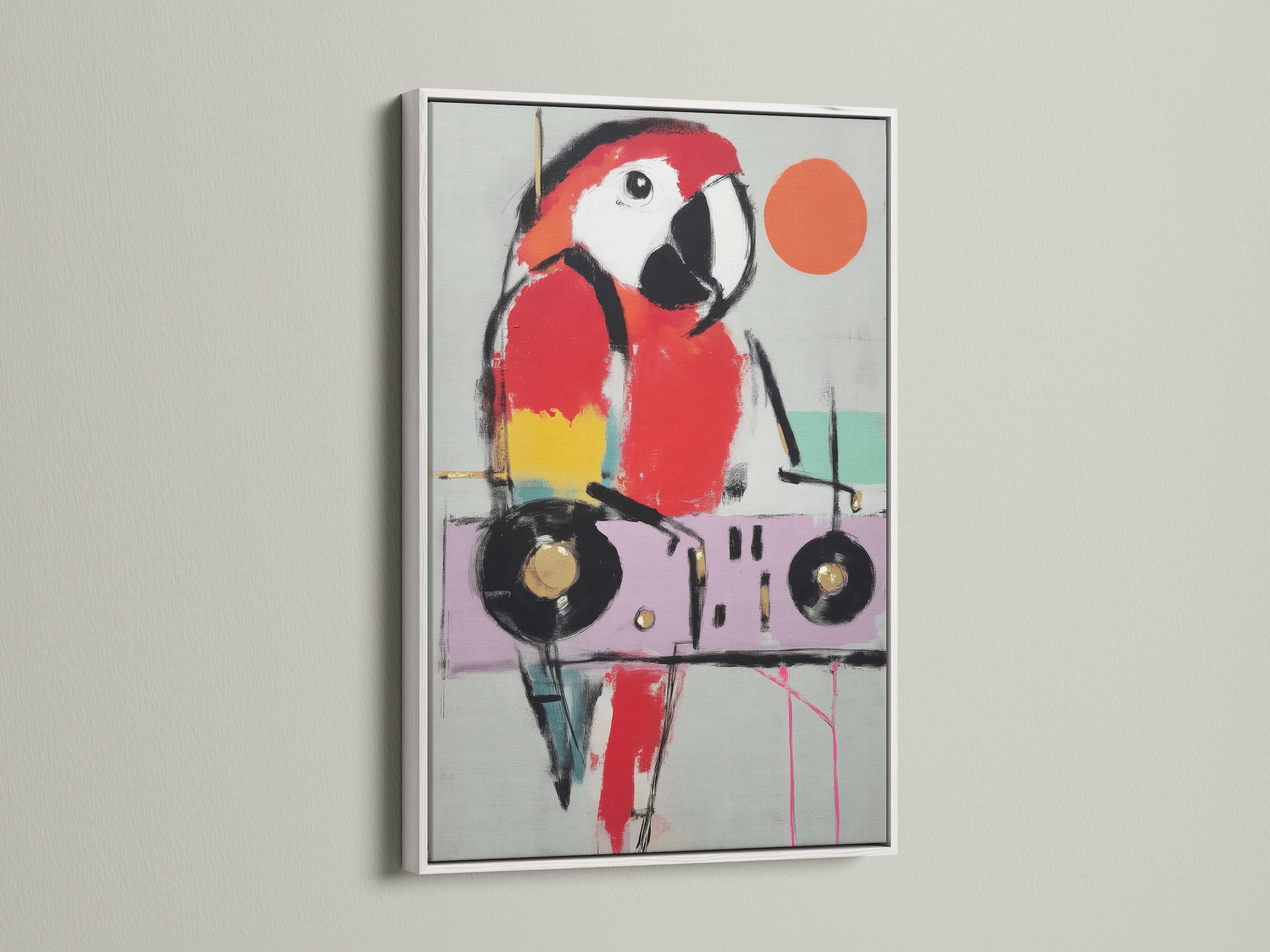 A white frame enhances the modern parrot artwork. This colorful animal art is perfect for playroom wall decor. The abstract bird print adds a vibrant touch to any space. This bird canvas print brings contemporary style. It's great for minimalist or Scandinavian decor styles.