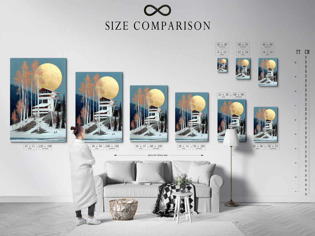 Size comparison chart in an interior setting featuring Winter Ski Lodge artwork. See how different sizes fit your space. Visualize the impact of this snowy mountain art. Choose the perfect size for your wall decor needs. Enhance your room with alpine charm. A helpful guide for art selection.