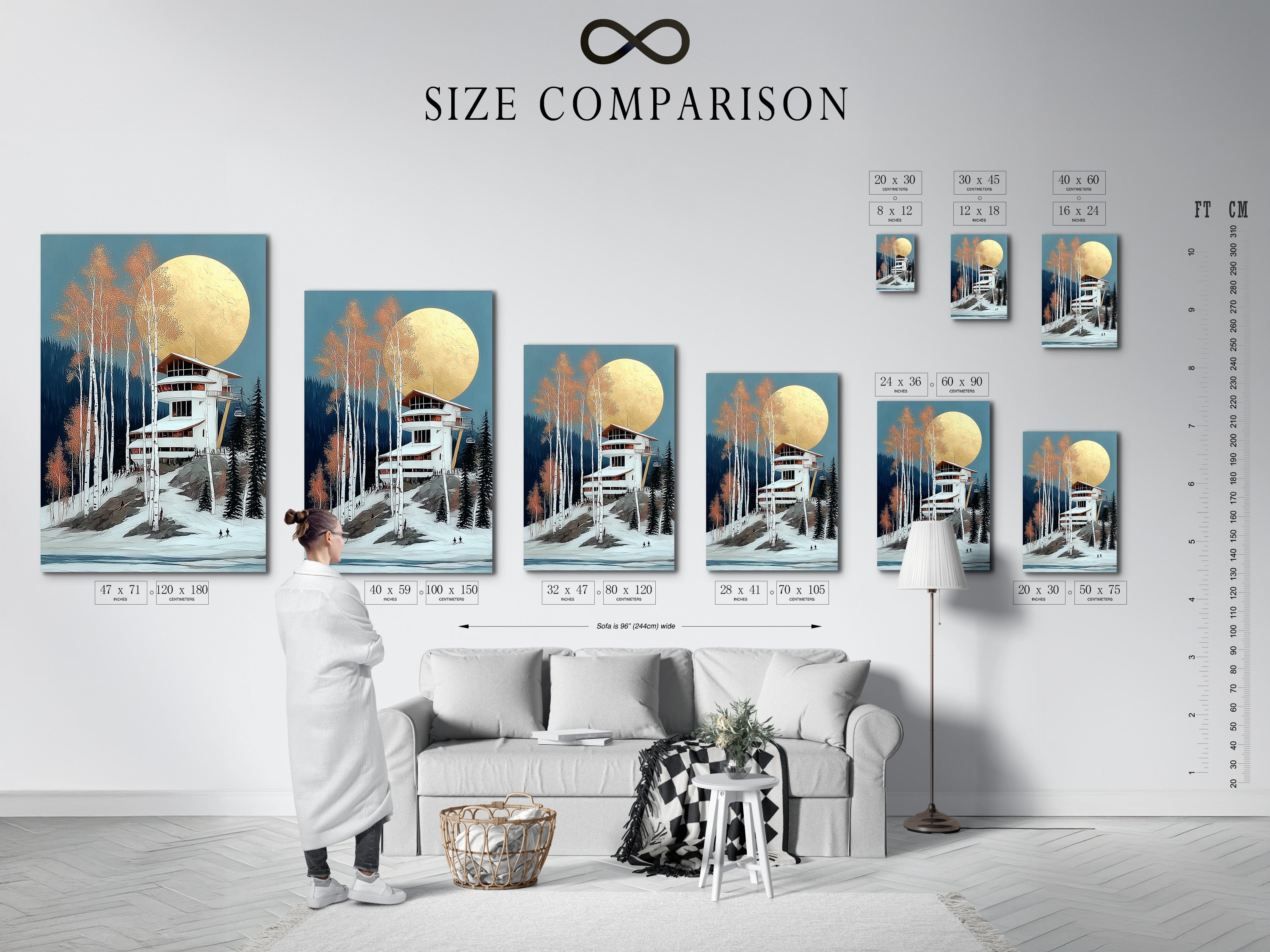 Size comparison chart in an interior setting featuring Winter Ski Lodge artwork. See how different sizes fit your space. Visualize the impact of this snowy mountain art. Choose the perfect size for your wall decor needs. Enhance your room with alpine charm. A helpful guide for art selection.