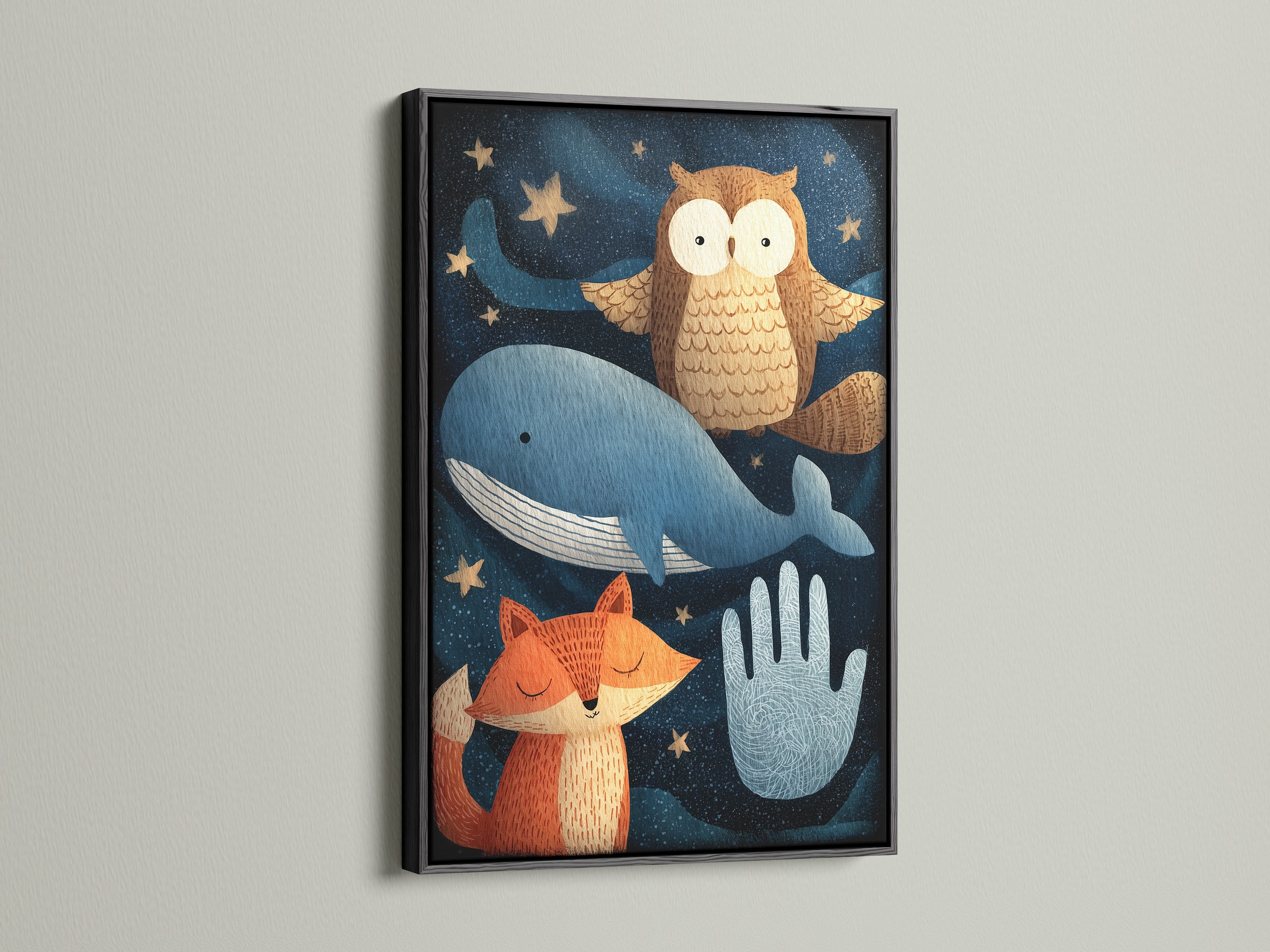 A black frame highlights a captivating artwork. The artwork features a fox an owl a whale and a hand. It is set against a starlit night sky. This framed print adds a touch of sophistication and contrast to any wall. It is a bold statement piece.