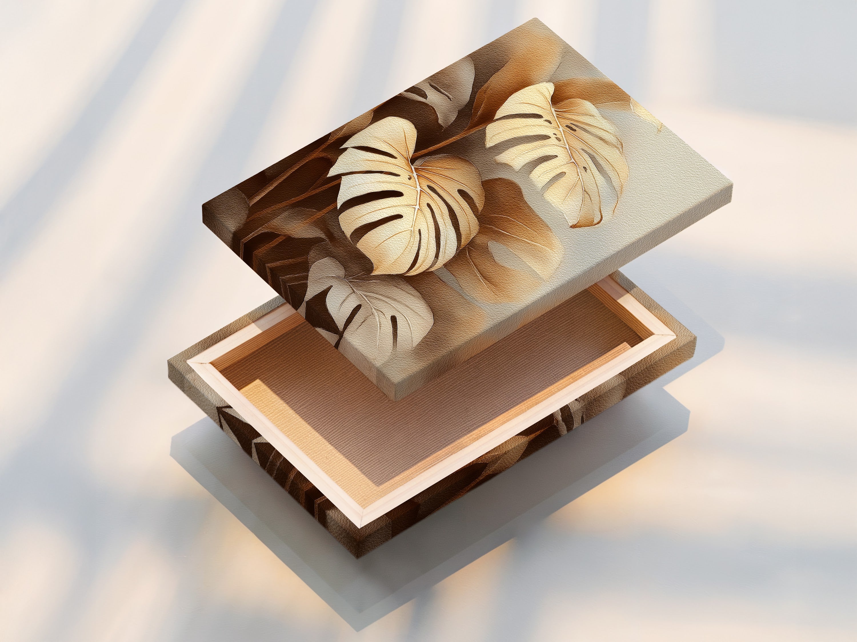 A stretched canvas print of monstera plant artwork. This ready-to-hang option simplifies decorating. The botanical print offers a gallery-wrapped look. Its durable construction ensures lasting beauty. The tropical leaf artwork enhances any space.