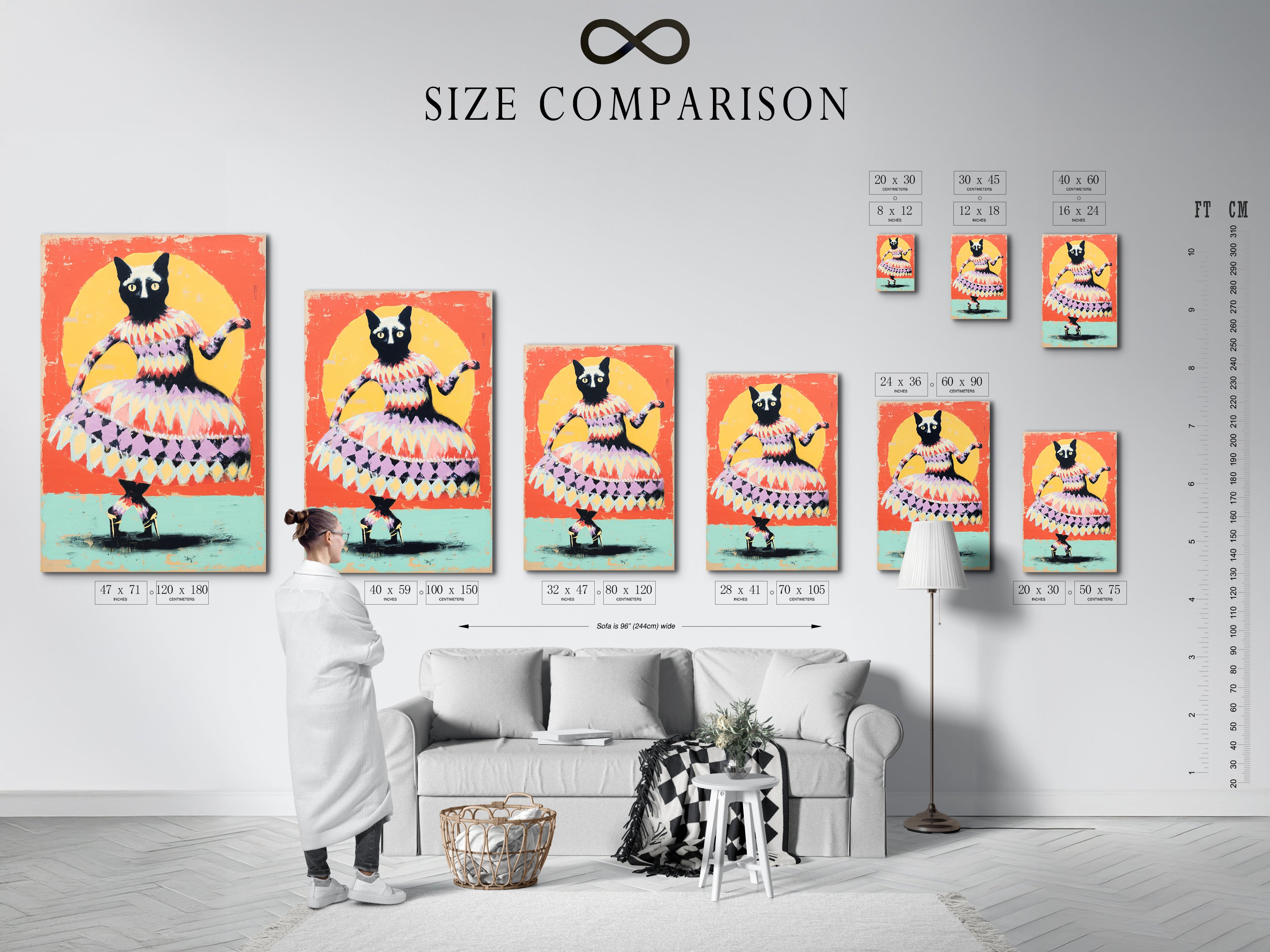 A size comparison chart in an interior setting showcases a whimsical cat art print. Visualize the perfect fit for your space. The folk art canvas is a quirky addition to any space. Its perfect as animal wall art.
