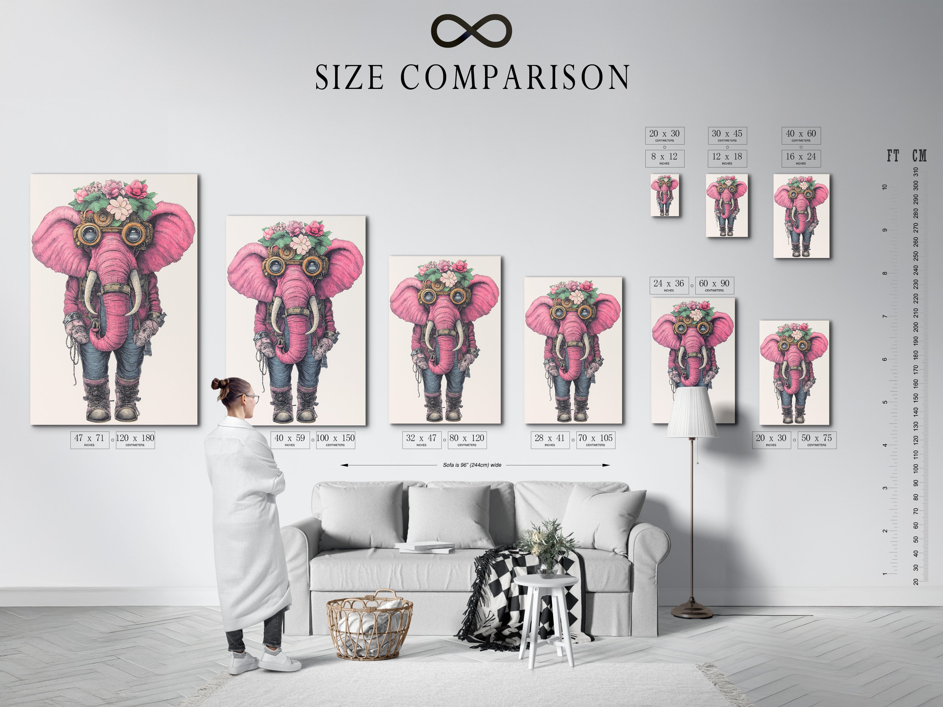 A size comparison chart in an interior setting displays the steampunk elephant art. Visualize how the pink elephant artwork fits in various room sizes. Find the perfect dimensions for your fantasy wall art needs.