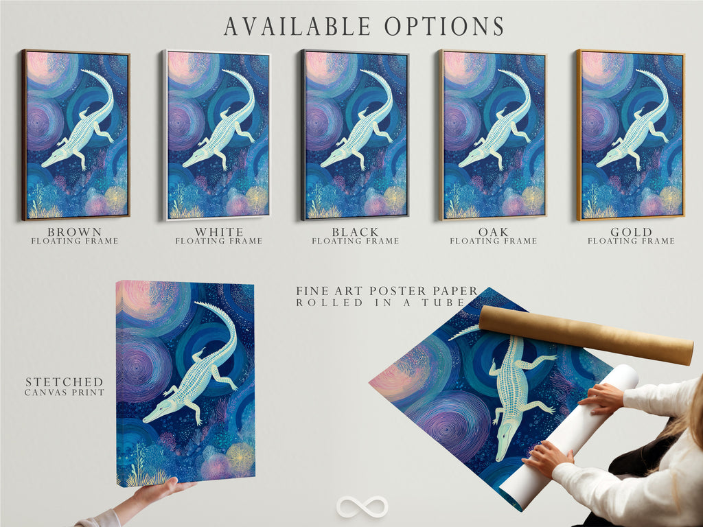 Discover available options for the Alligator Art Print. Choose between a stretched canvas print a fine art poster paper or a floating frame. The ocean blue canvas highlights underwater wildlife. Great for home or business.