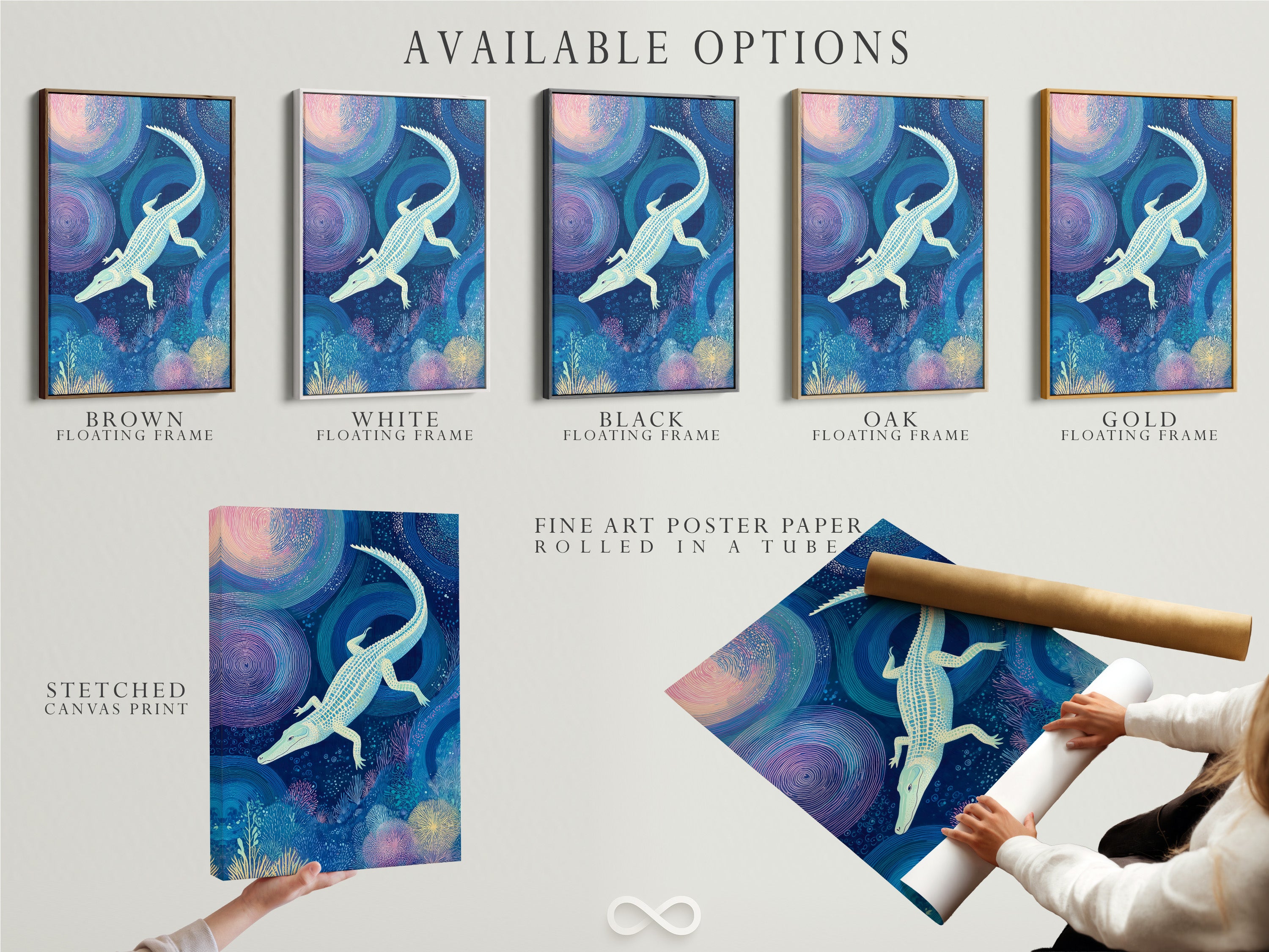 Discover available options for the Alligator Art Print. Choose between a stretched canvas print a fine art poster paper or a floating frame. The ocean blue canvas highlights underwater wildlife. Great for home or business.