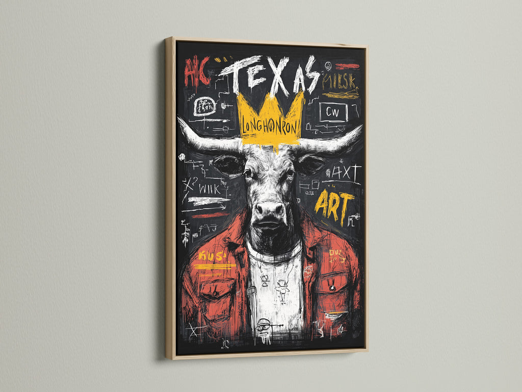 Check out this Texas Longhorn bull artwork framed in oak. The oak frame enhances the contemporary street art print. This bull canvas print will add a touch of urban style to your decor.