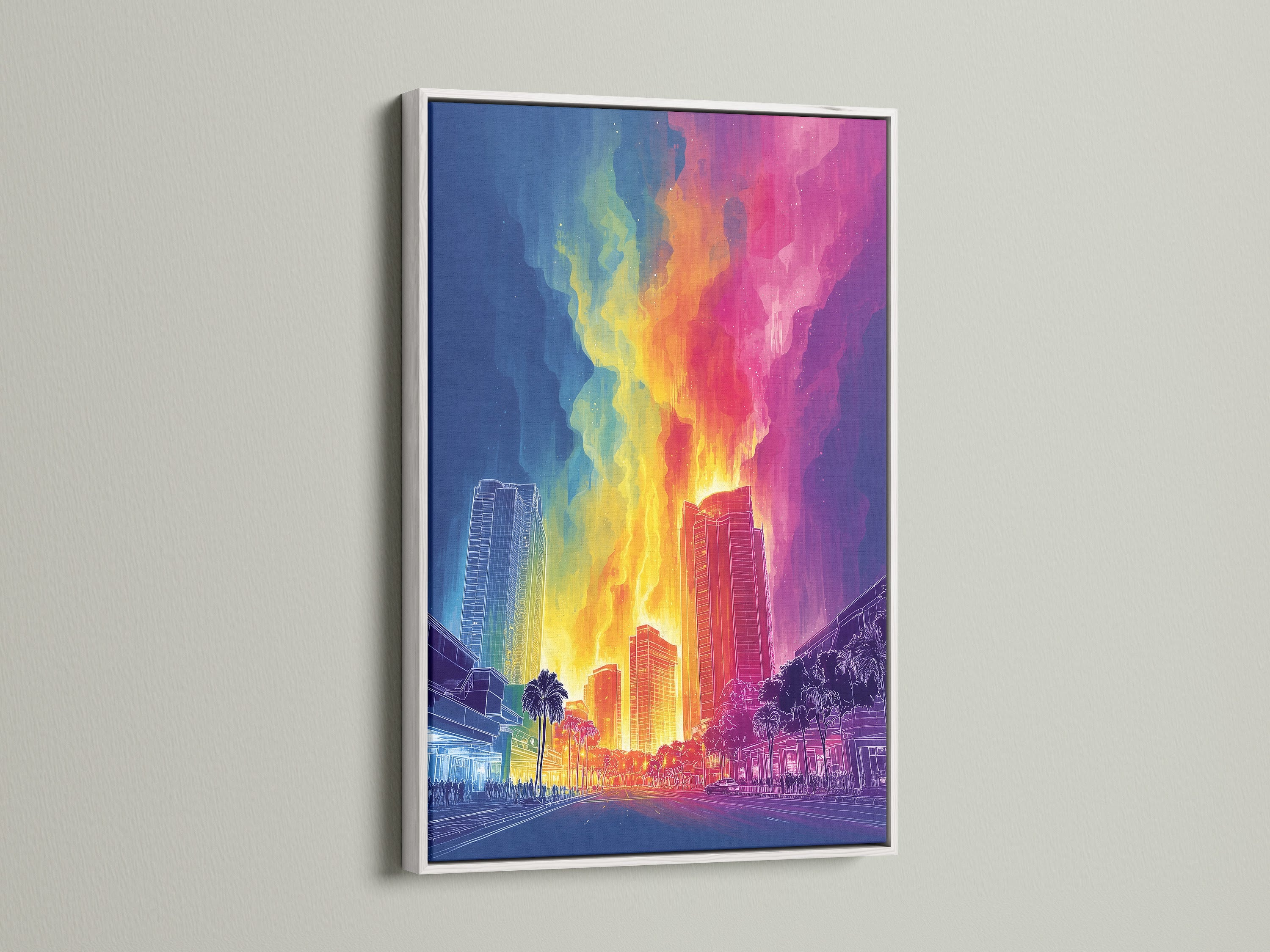 Neon Cityscape artwork with a white frame. The artwork displays a neon city poster. This art is perfect for home office decor. The white frame provides a clean modern look. This vibrant urban wall art will brighten any space. It is ideal for contemporary interiors.