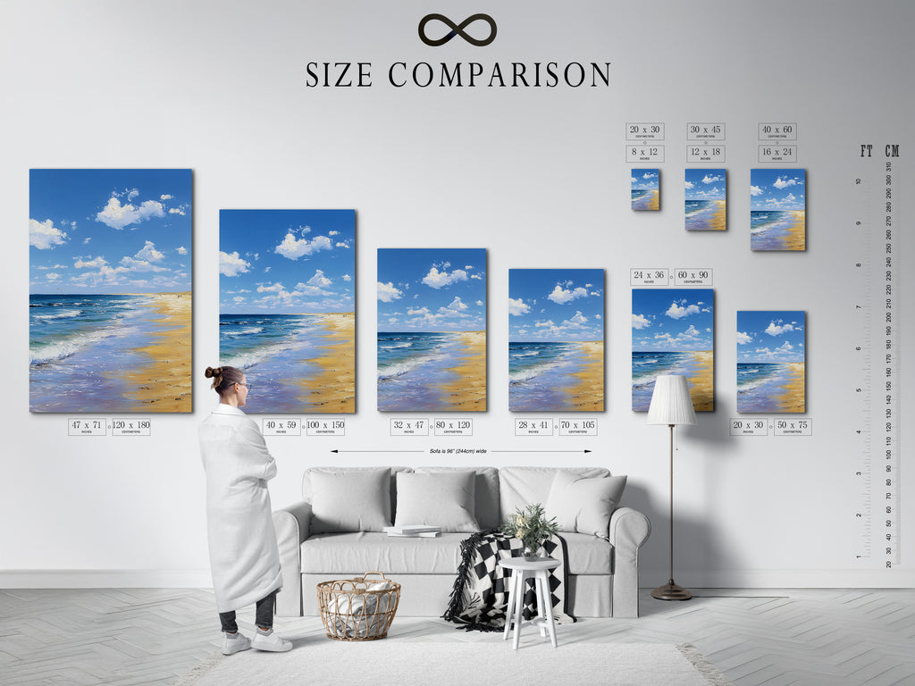 A size comparison chart displayed in an interior setting. This chart helps visualize the different artwork dimensions. It helps to select the perfect size for your space. Make an informed art purchase.