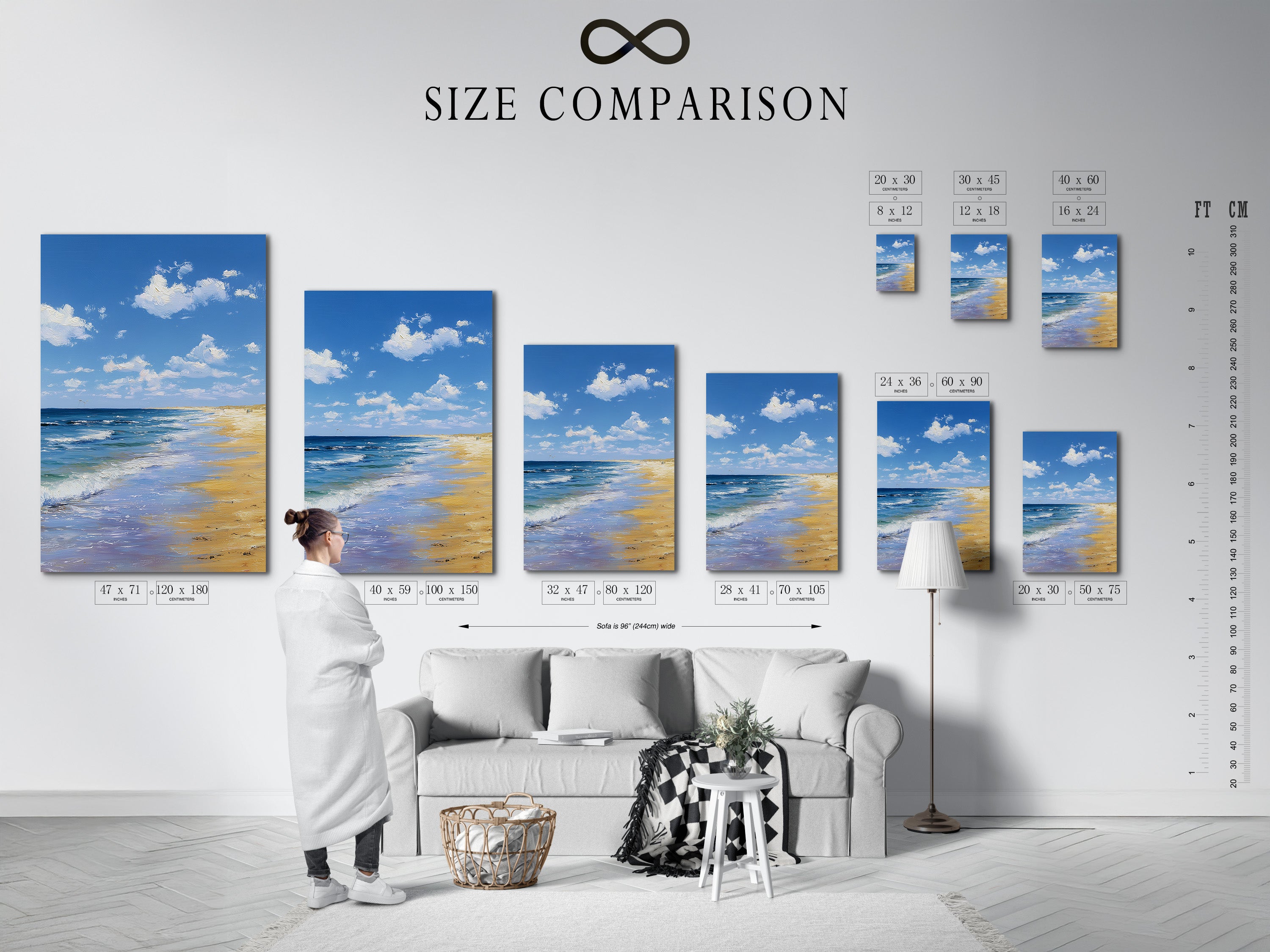 A size comparison chart displayed in an interior setting. This chart helps visualize the different artwork dimensions. It helps to select the perfect size for your space. Make an informed art purchase.