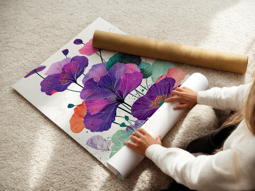 A woman carefully rolling a fine art poster paper featuring floral artwork. High-quality printing ensures vibrant colors and details in this purple floral print. Perfect for framing or displaying as is. Explore our collection of flower art prints. Add a touch of botanical charm to your home.