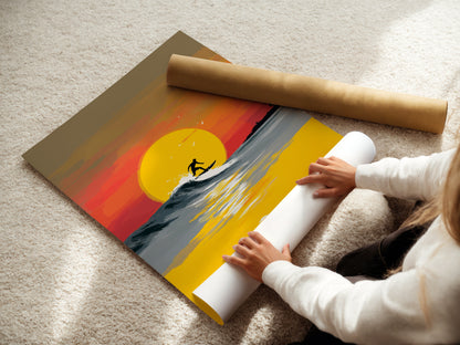 Explore the care we put into our fine art poster paper. A woman carefully rolls a surfing artwork print. Our coastal prints are crafted with attention to detail. This ensures a high-quality product. Perfect for adding summer vibes to your home decor.