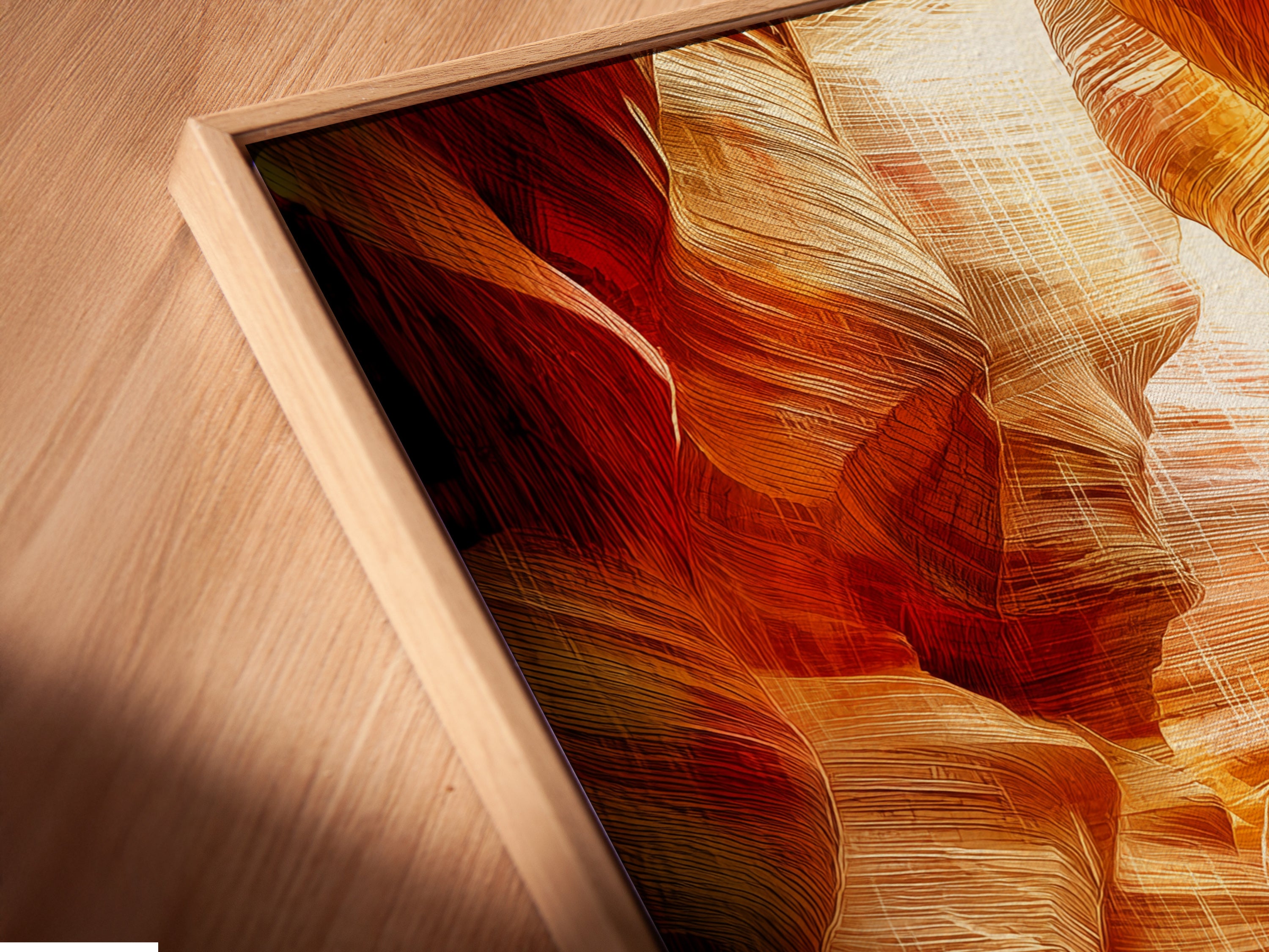 A close-up angled view of a canvas print in a floating frame. The artwork features a cyclist in a canyon landscape. This floating frame adds a modern touch. Perfect for showcasing sports art in your living room or office space.