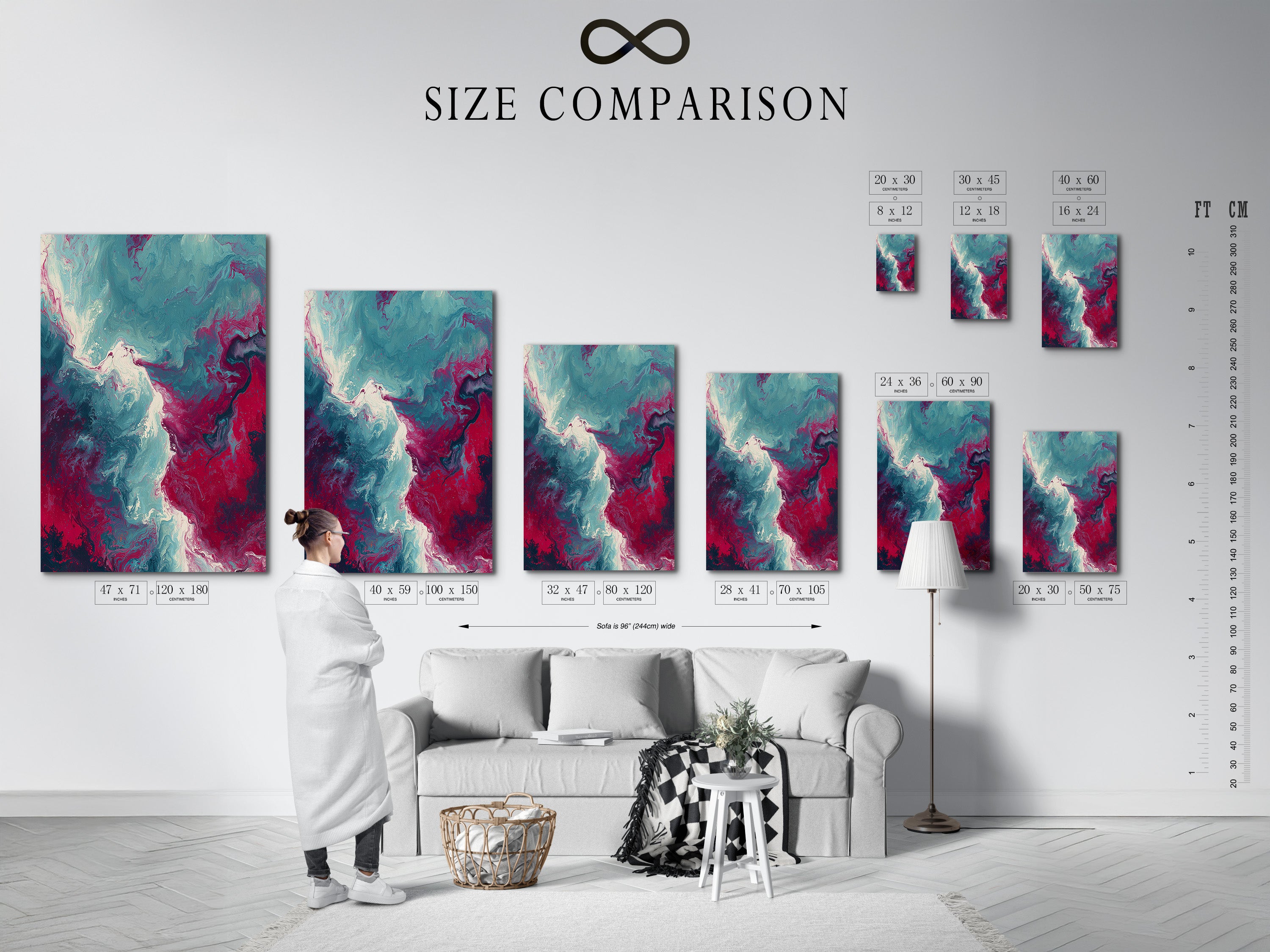 The image shows a size comparison chart in an interior setting. This chart helps visualize different art print sizes in a real room. It aids in selecting the perfect dimensions for your wall decor needs. Explore options for stretched canvas fine art poster paper and floating frames.