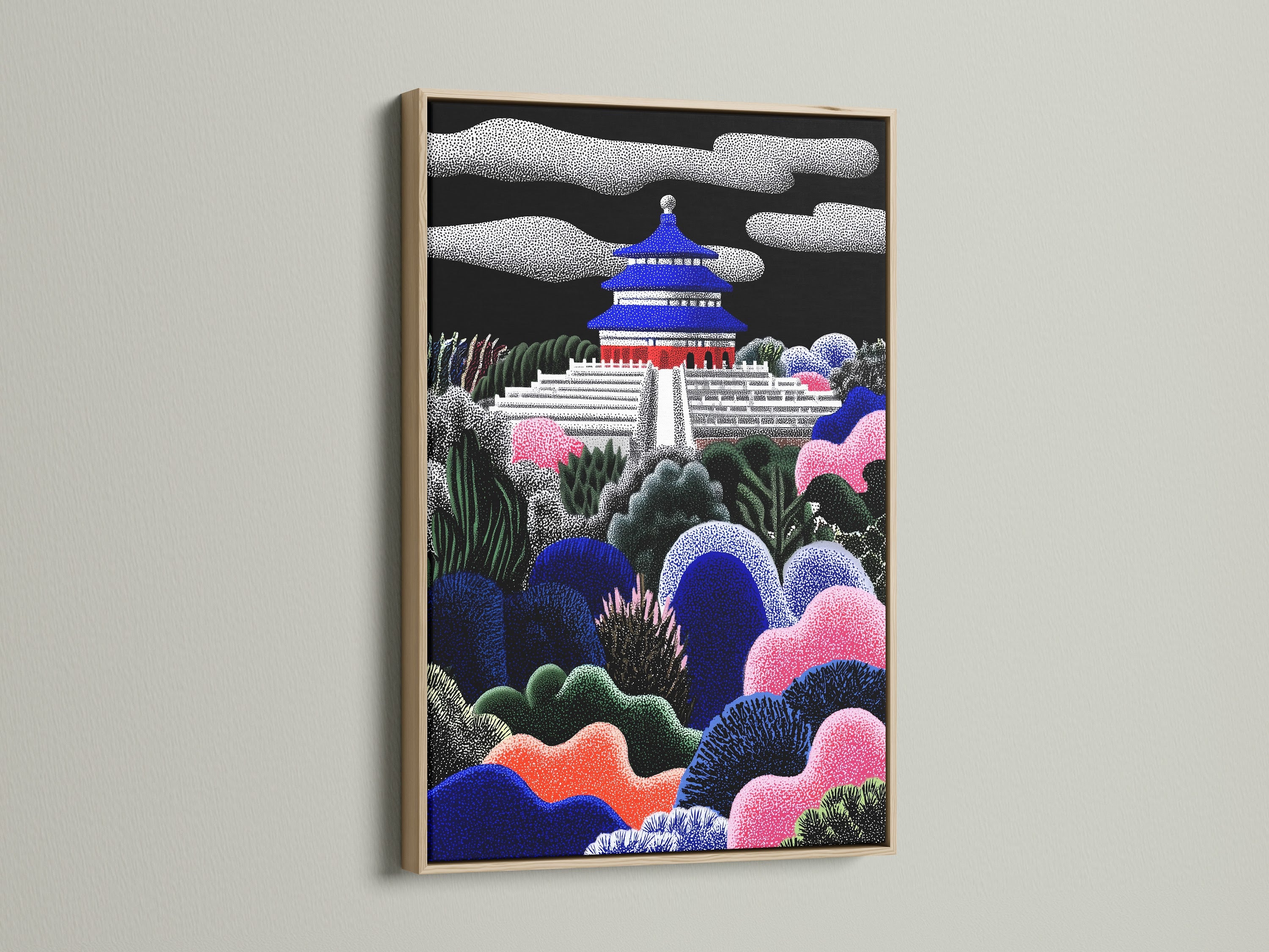 Artwork in an oak frame is displayed. The frame enhances the artwork's colors. The gallery art adds warmth to the wall. Perfect for home or office gallery wall. Find the ideal frame to complement your artwork. This is an excellent example of art.