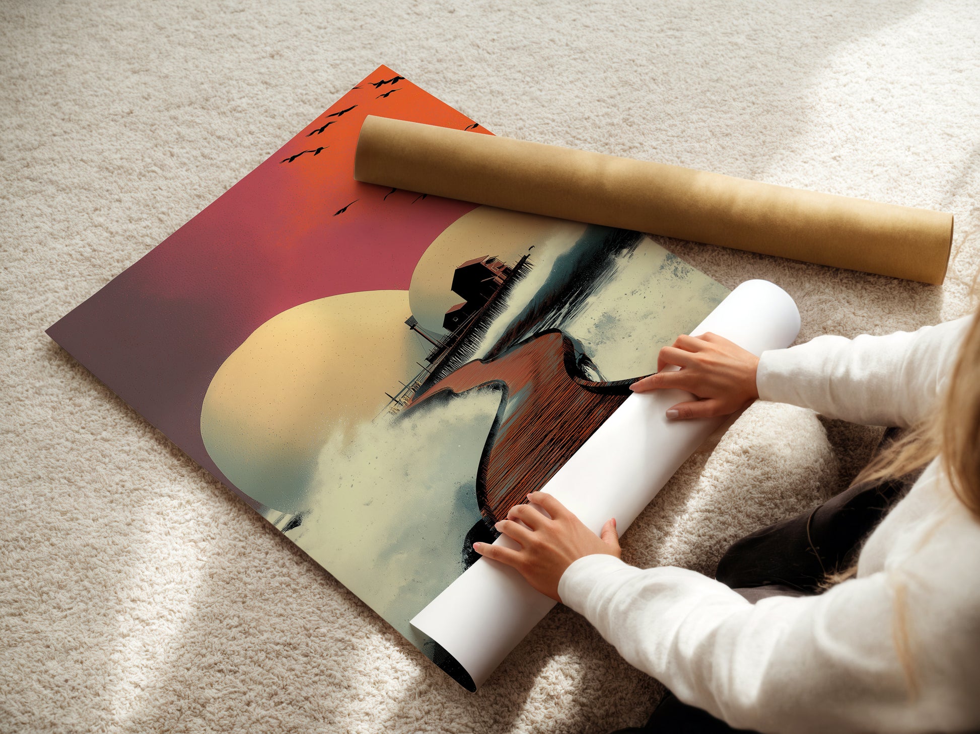 A woman carefully handles a fine art poster paper showcasing a modern coastal artwork. The sunset pier scene features a house on a pier with an orange and pink sky. Ideal for interior decorators. This piece is perfect for adding a touch of modern seascape to any room with this sea landscape art.