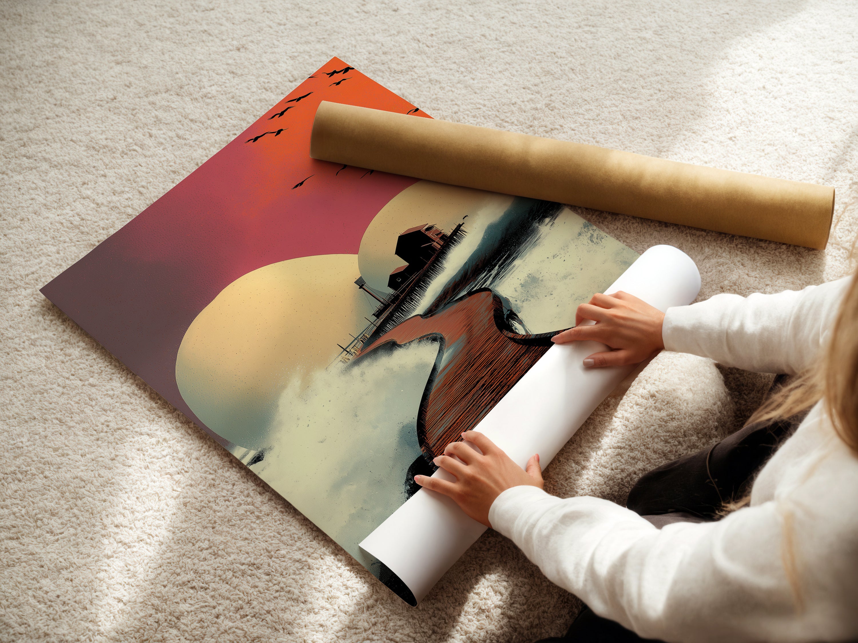 A woman carefully handles a fine art poster paper showcasing a modern coastal artwork. The sunset pier scene features a house on a pier with an orange and pink sky. Ideal for interior decorators. This piece is perfect for adding a touch of modern seascape to any room with this sea landscape art.