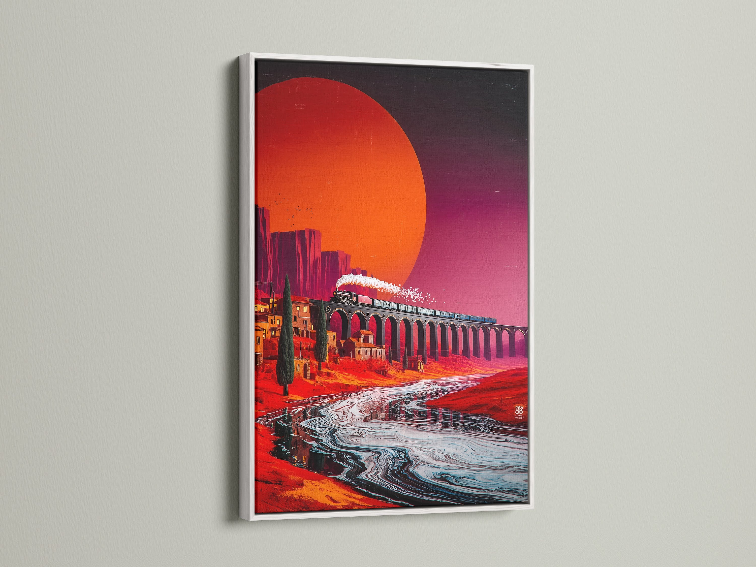 The Train Over Bridge art print is presented in a white frame. This bright frame enhances the vivid artwork. The modern art print provides a clean look. Sienna and teal wall art brings a landscape print to your living room or office.