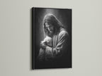 Artwork of Jesus holding a lamb is displayed in a black frame. The black frame offers a bold and striking aesthetic. This frame enhances the artwork's beauty. It seamlessly integrates with any interior setting. Perfect for modern decor.