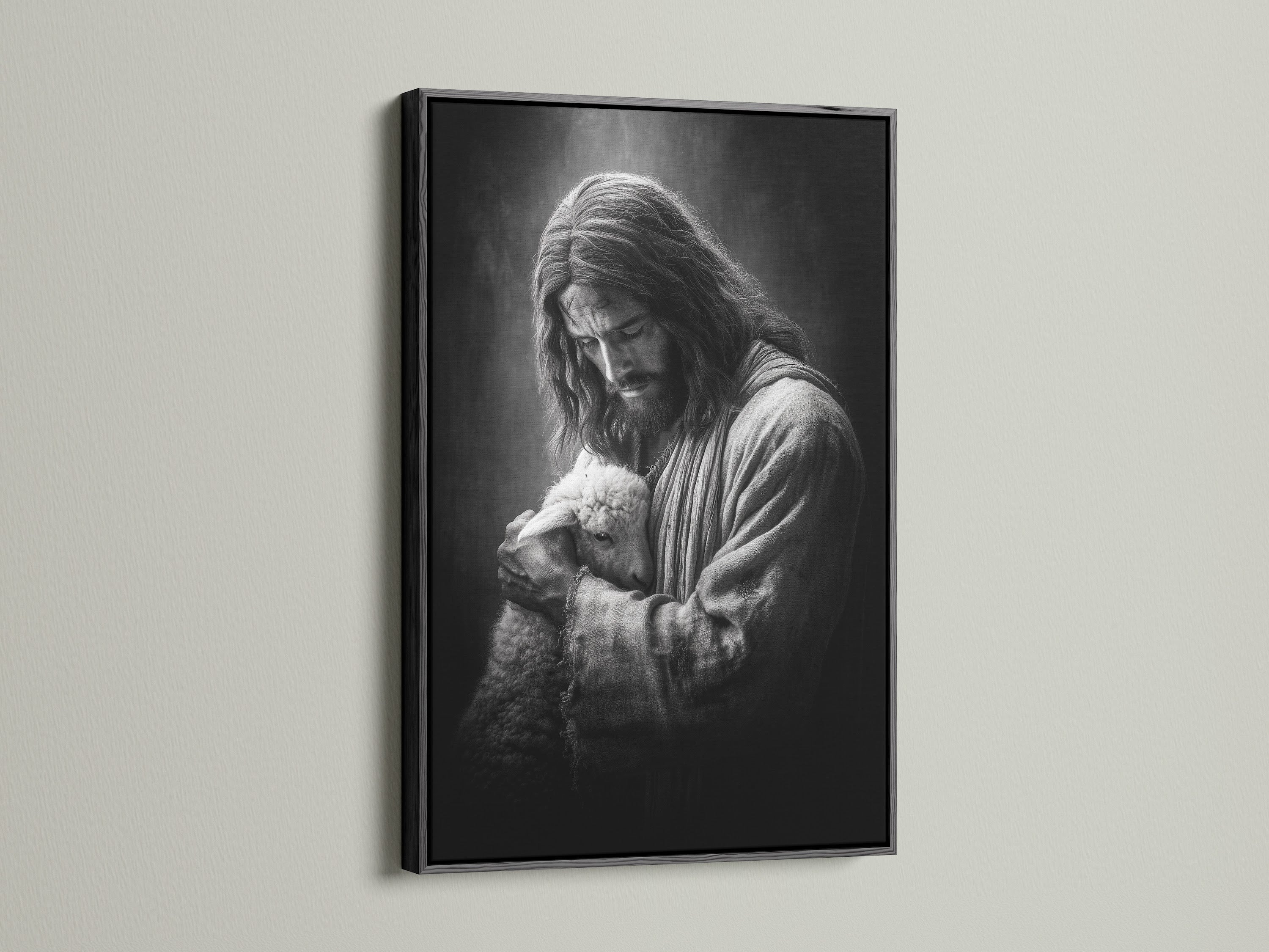 Artwork of Jesus holding a lamb is displayed in a black frame. The black frame offers a bold and striking aesthetic. This frame enhances the artwork's beauty. It seamlessly integrates with any interior setting. Perfect for modern decor.
