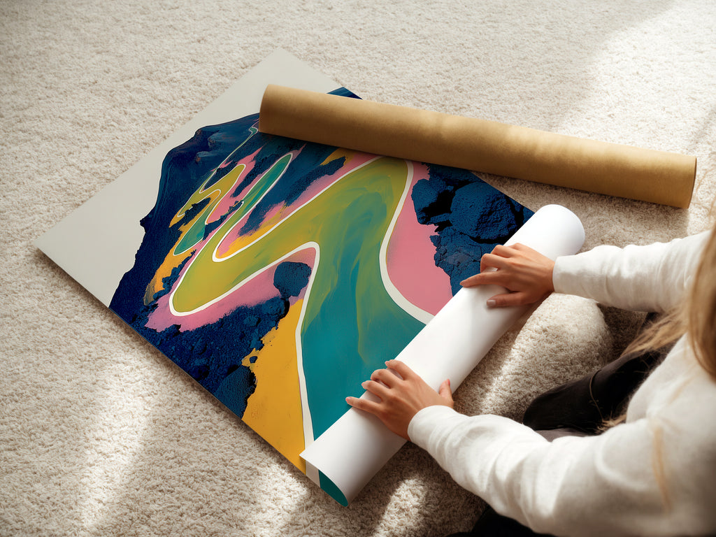 A woman carefully rolls a fine art poster paper. The paper is for an abstract mountain landscape. This colorful winding path art is perfect for contemporary homes and offices.