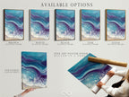 Available options include a stretched canvas print. Also there is fine art poster paper and a floating frame. Choose the ocean wave abstract artwork. The teal and purple fluid art is perfect for coastal bedroom decor.