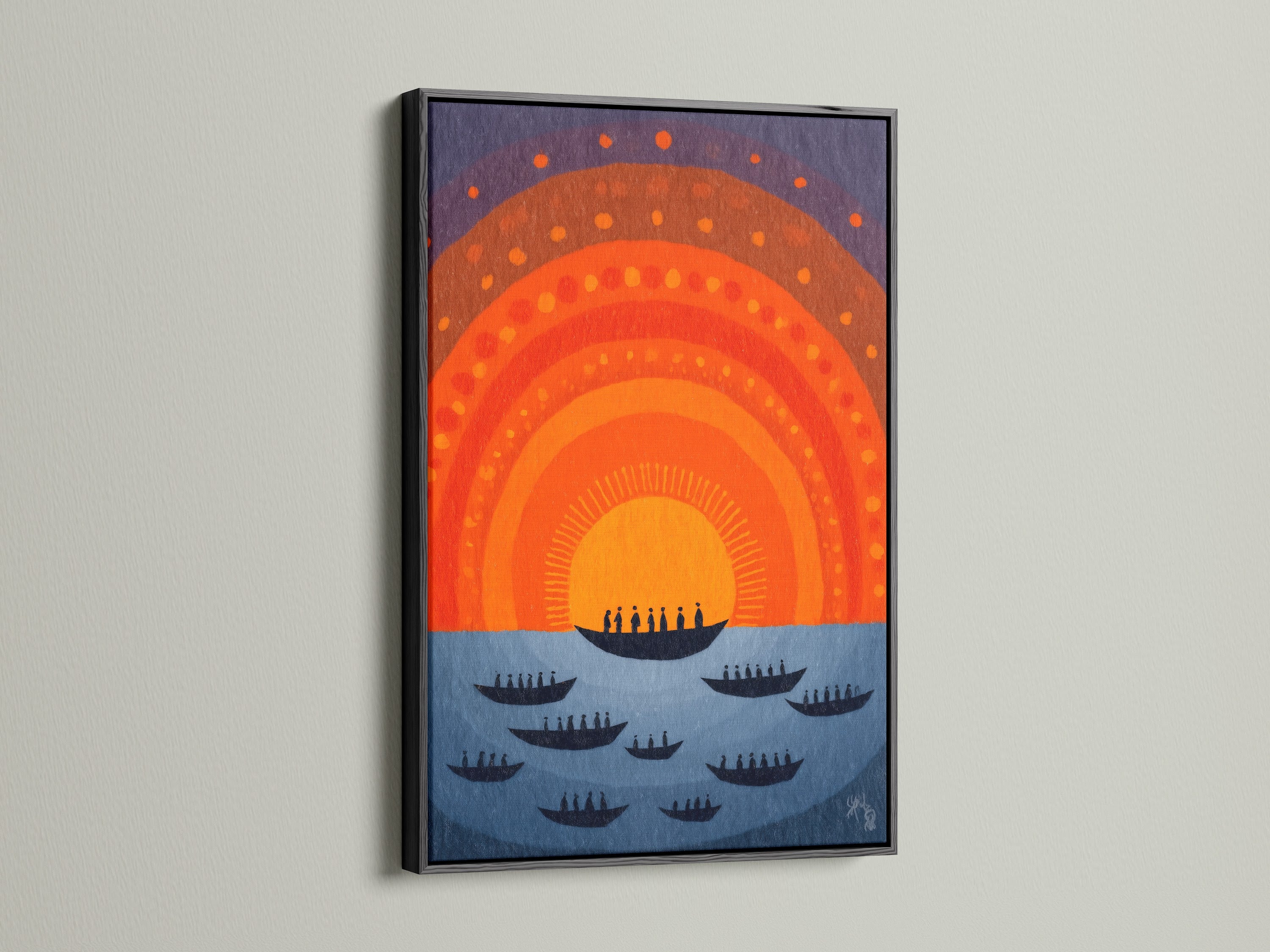 Sunset Boats print in a black frame. The artwork offers a striking contrast and enhances its mid-century modern appeal. Elevate your living room wall art or office wall decor with this captivating piece. Perfect for coastal decor.