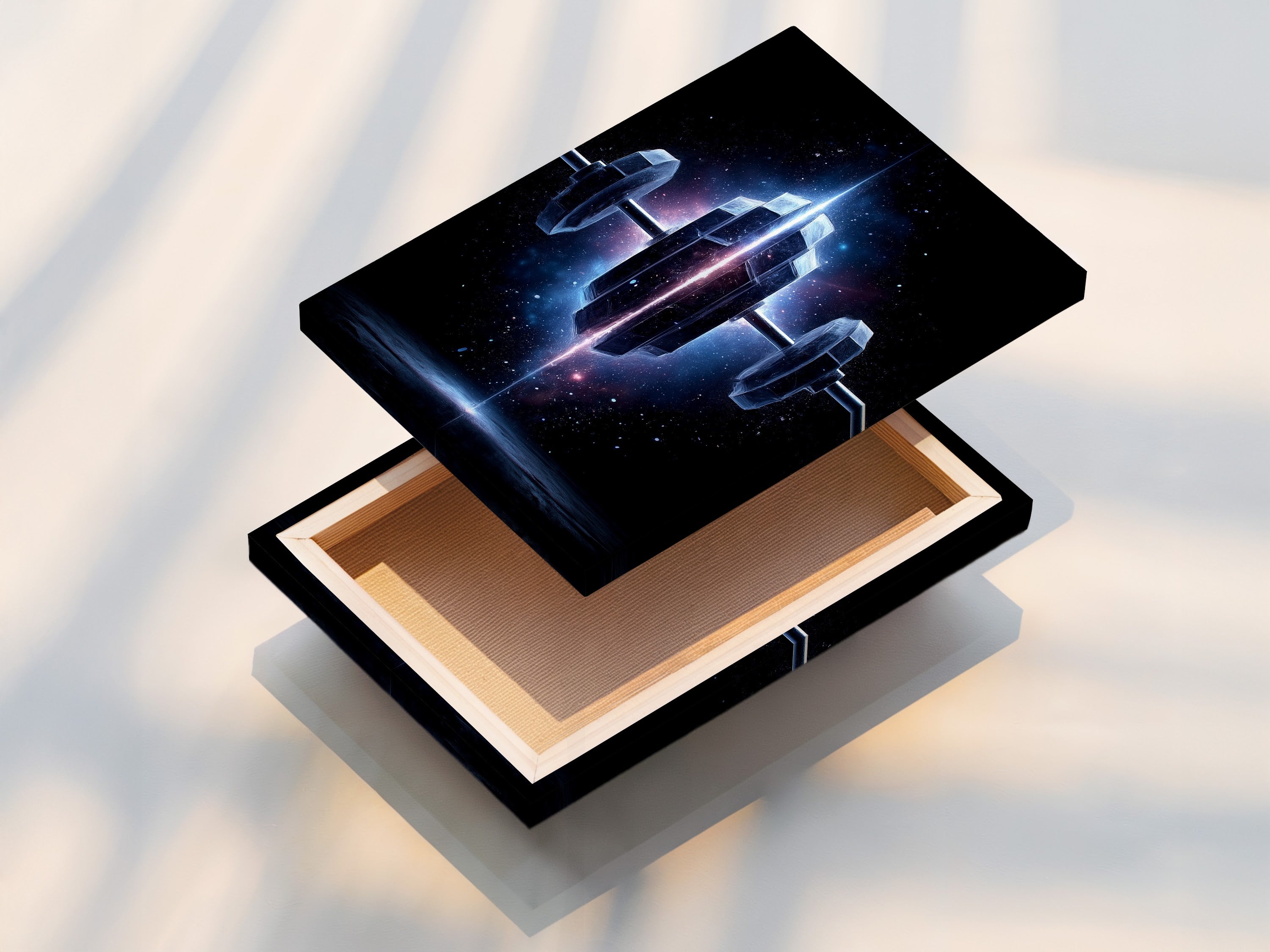 A stretched canvas print of the Cosmic Dumbbell. The art is ready to hang. This space fitness print is perfect for any workout space. Elevate your gym wall decor with this motivational art piece now.