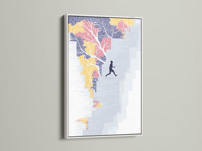 Running Man Canvas Print displayed in a white frame. Add minimalist style with abstract stairs wall art. This motivational print brings inspiration to your office. Teal and orange colors enhance modern home decor.