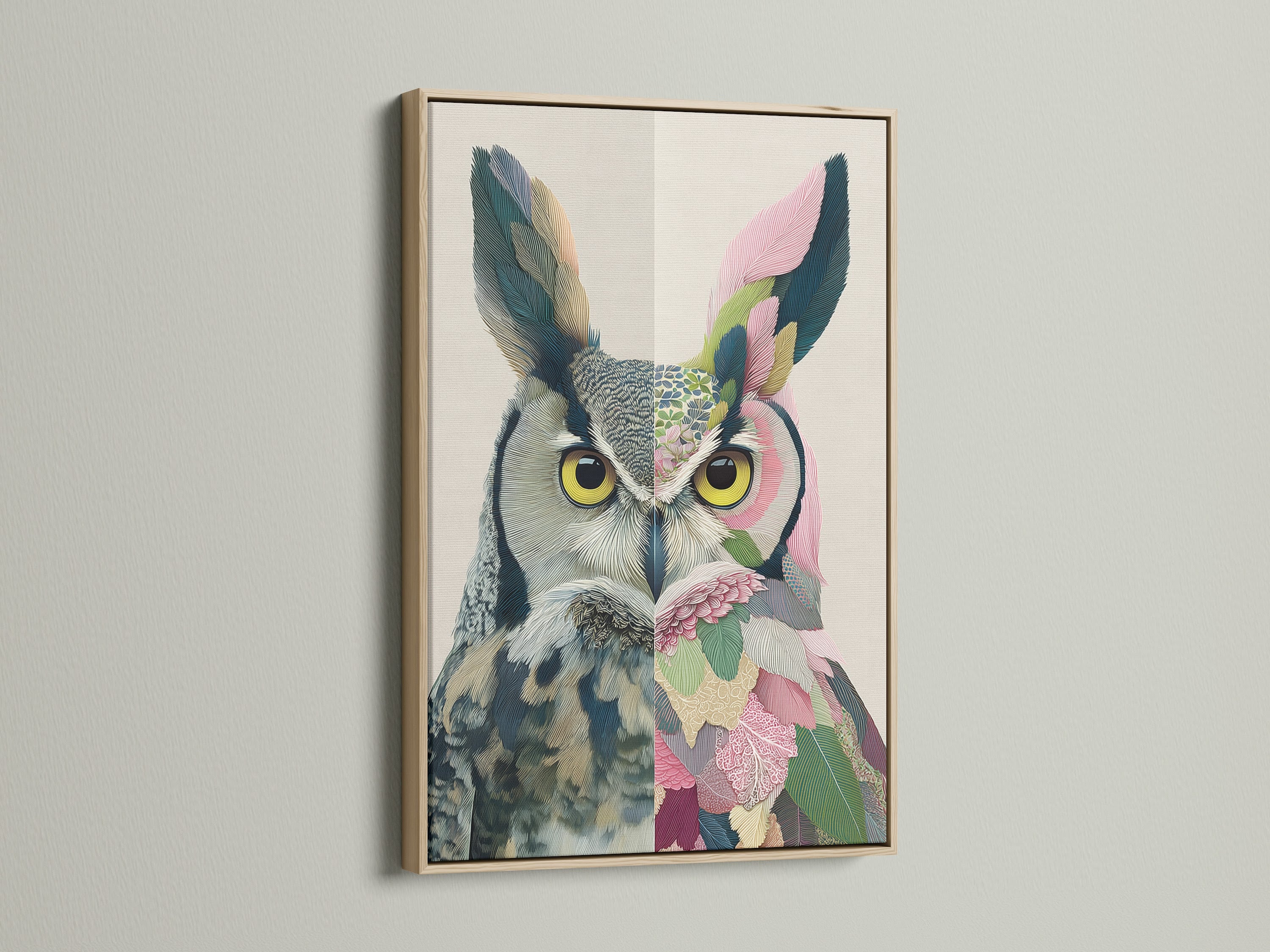 A beautiful colorful owl art canvas print is showcased in an oak frame. This bird canvas print adds a touch of nature to any space. Perfect for nursery wall art and eclectic wall decor.