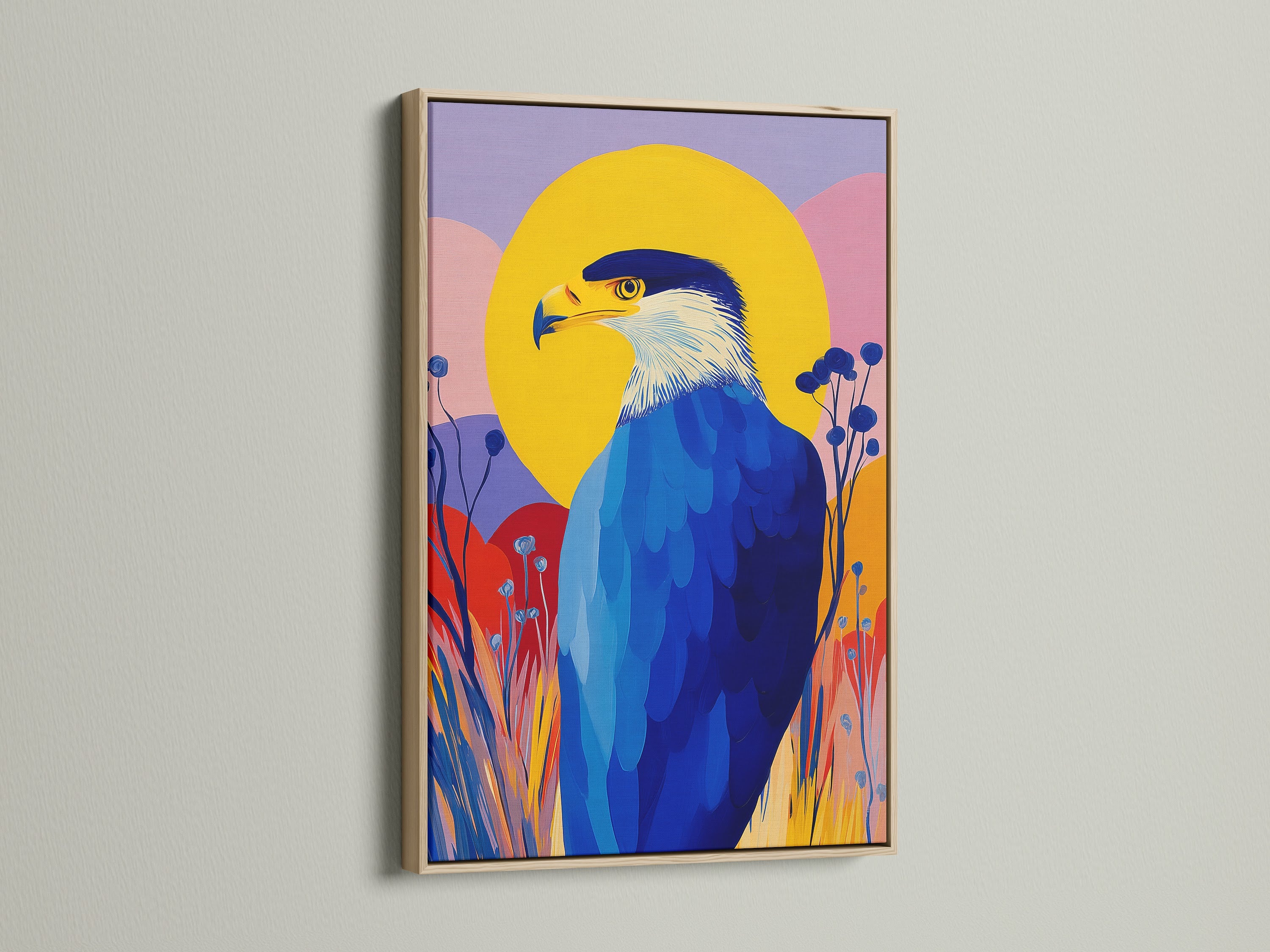 This artwork features an eagle in an oak frame. The colorful bird art adds a contemporary touch to any wall. Perfect for home decor this piece is a great gift for bird enthusiasts. Consider this modern artwork.