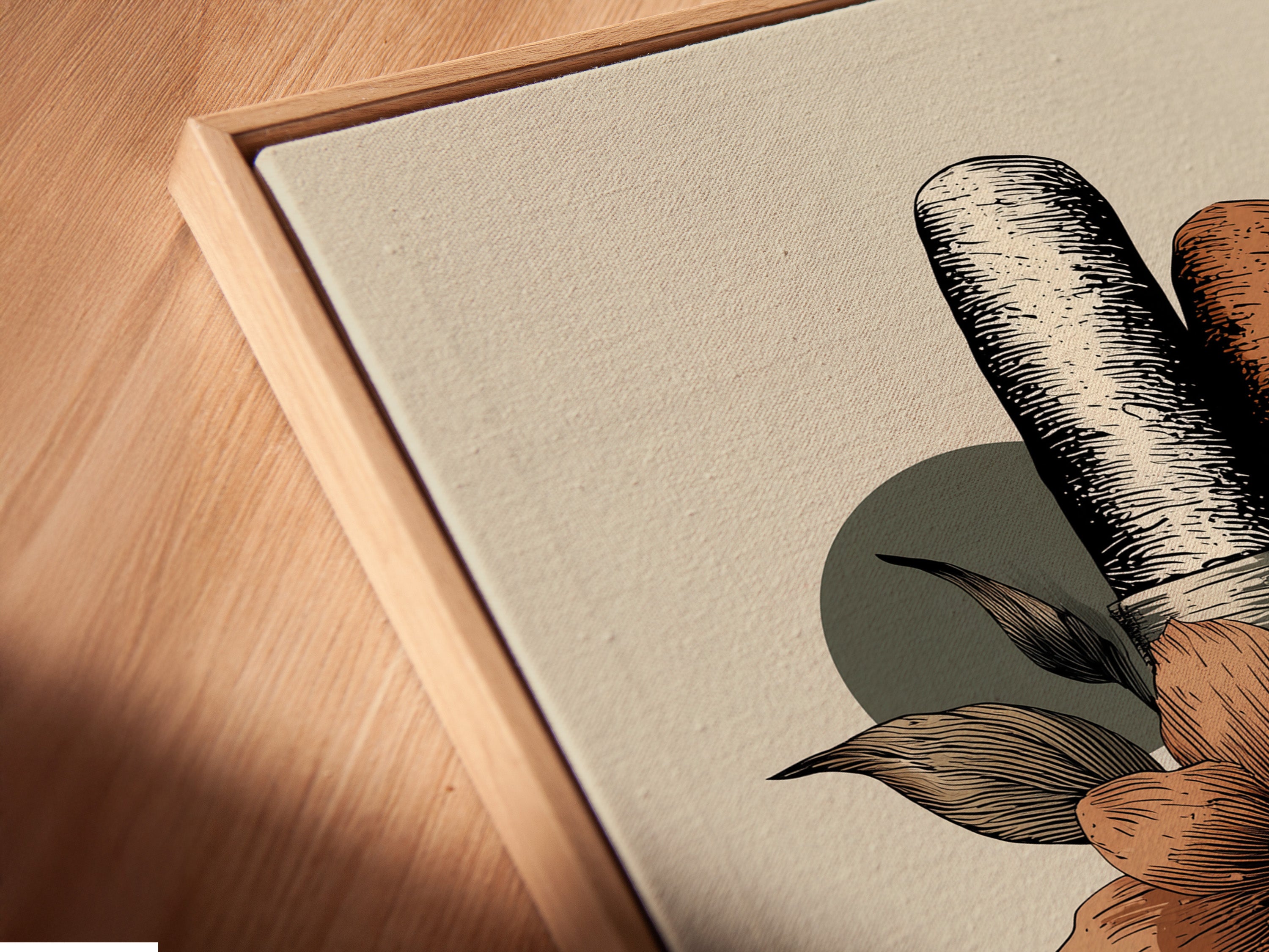 Angled close up of a canvas print in a floating frame. The boho floral artwork features cigars. This is perfect Eclectic Wall Art for a man cave lounge or cigar shop. The primary color is brown and the secondary color is beige.