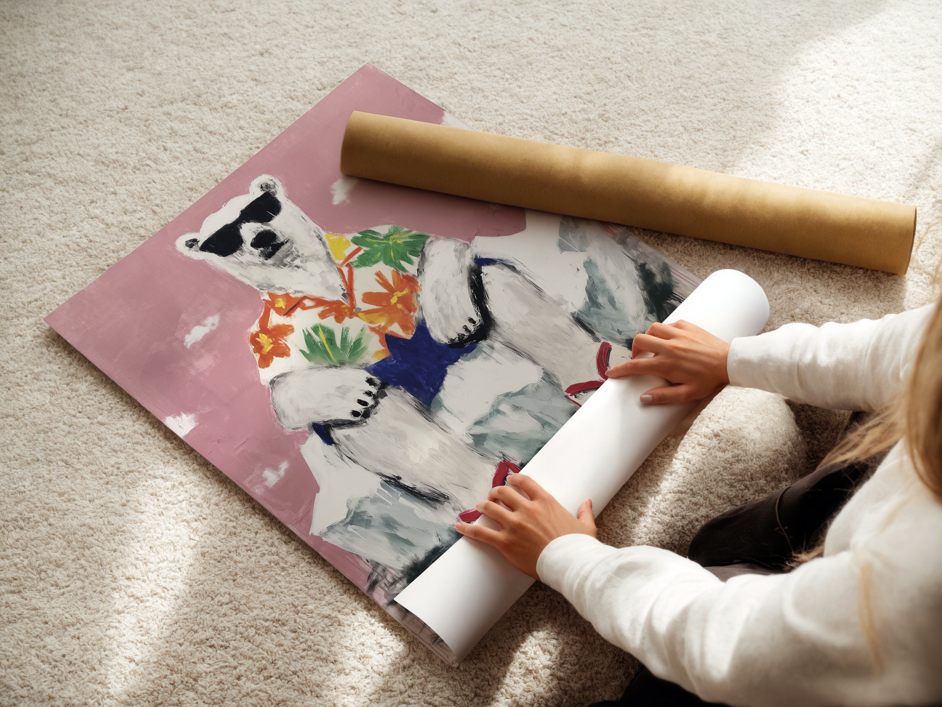 Woman rolling a fine art poster paper of a cool polar bear. This funny animal print is ready to be framed. Perfect for tropical wall art in any room. Add this quirky art to your home today.