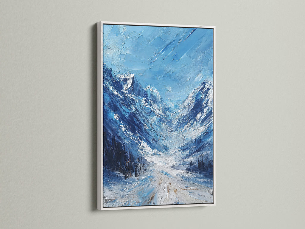 The white frame offers a clean modern look. This frame highlights the artwork's colors and details. A white frame provides a fresh and airy feel. View the art with a crisp white border. The frame accentuates the artwork's visual appeal. The white frame creates a gallery-like effect.