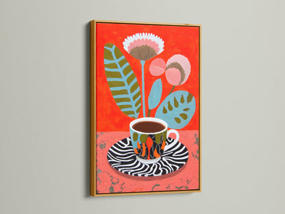 Gold frame displaying a Coffee Cup Canvas Print. This floral botanical wall art exudes luxury. The modern still life artwork elevates home decor. A perfect coffee lover gift and vibrant artwork.