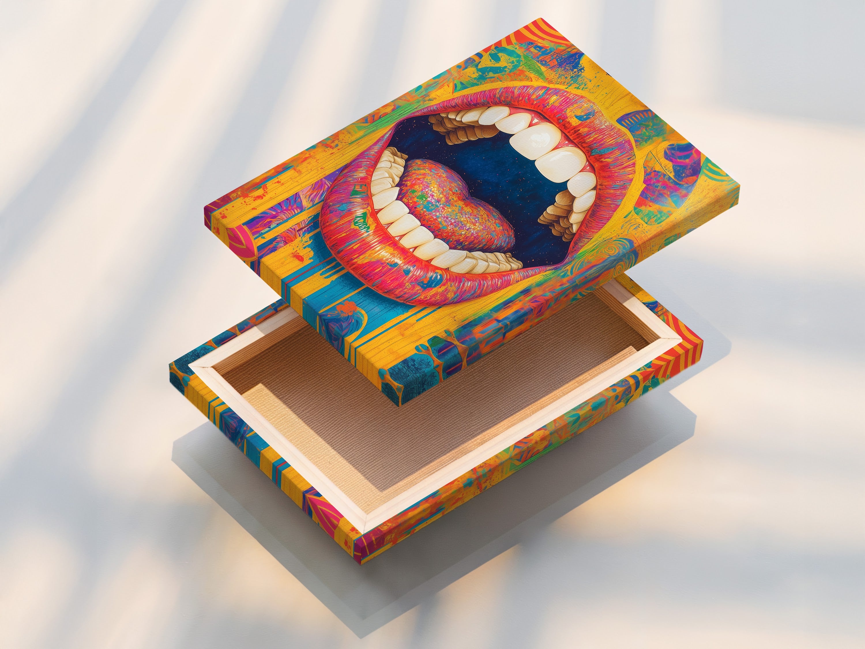 A stretched canvas print of psychedelic mouth artwork is displayed. The stretched canvas offers a gallery-ready look. This surreal pop art canvas is perfect for homeowners. Add some funky wall decor to your living space.